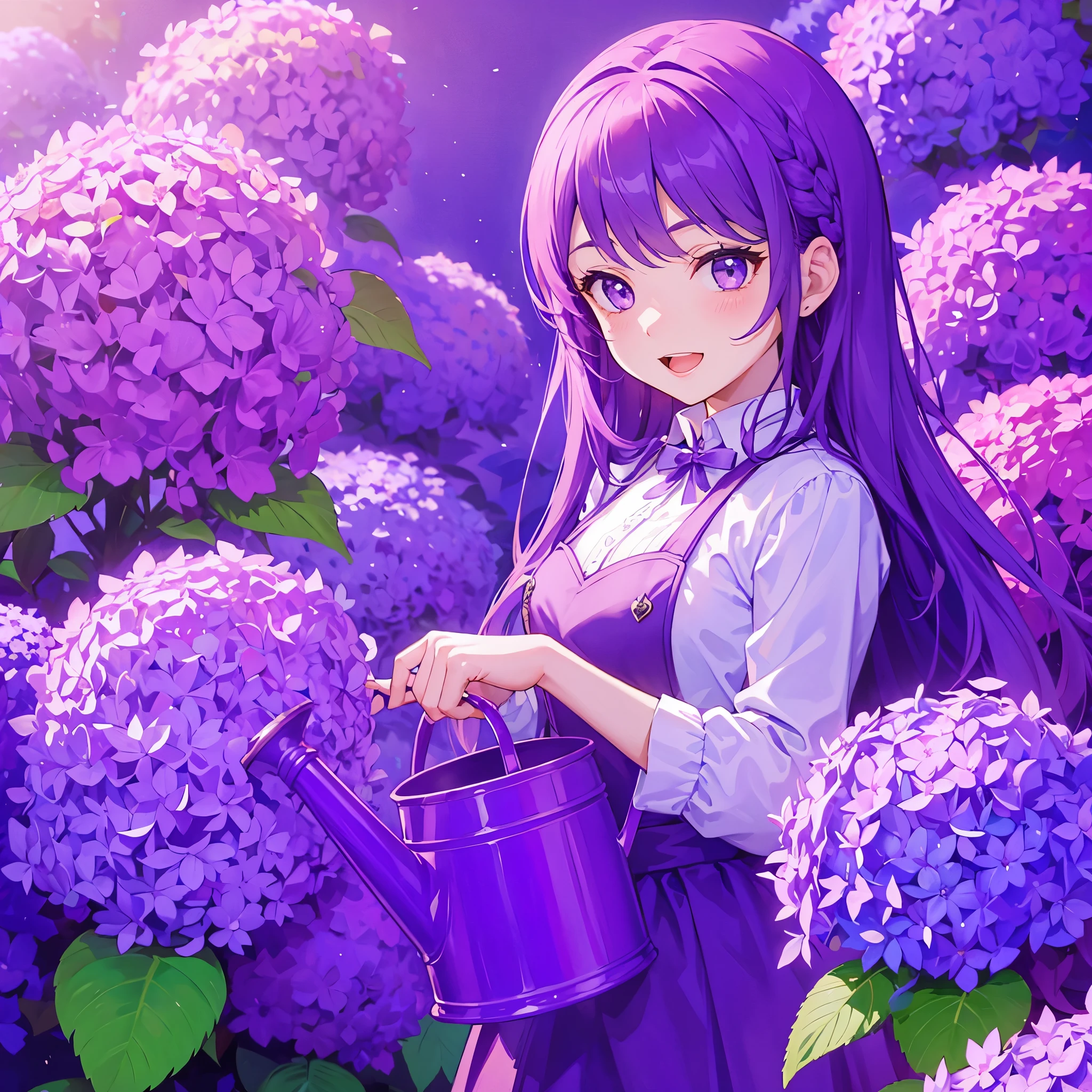 Top quality, masterpiece, 8K, lots of purple hydrangeas on floor, woman with long purple hair standing, purple eyes, open mouth smile, holding purple watering can, purple background