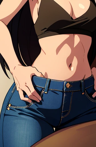((best quality)), ((masterpiece)), (detailed), perfect face, brown skin anime girl in a deep V Neck backless cami Top, (jeans trousers), famished in hunger, (gently resting hands on stomach), (long hair), (hands on her stomach)