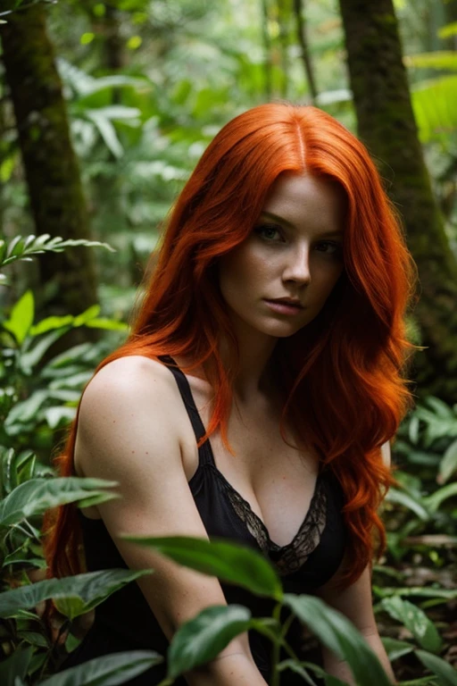 a determined redheaded warrior in the middle of a lush forest, her vibrant hair contrasting with the natural tones.
