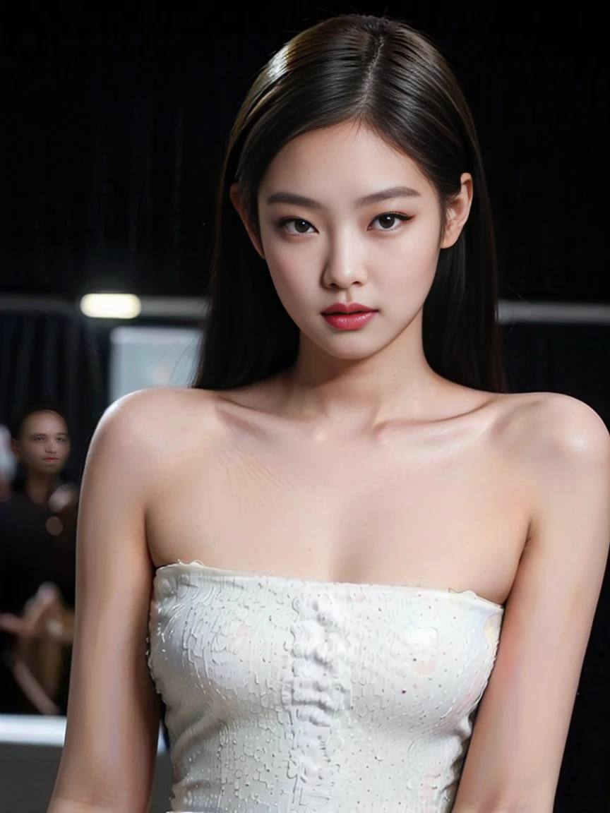 (8k, highest quality, ultra detailed:1.37), (Hana), 18yo, (a South Korean fashion model), struts confidently on the runway during a prestigious fashion week event. Naked, nude, shiny nipple, show armpit, Hana's elegance and poise captivate the audience. The high-resolution image captures ultra-detailed realism, highlighting Hana's captivating eyes, flawless complexion, and fashionable hairstyle. The glamorous runway and stylish set design add to the visual appeal, creating a visually stunning representation of Hana's success in the fashion industry, no clothes