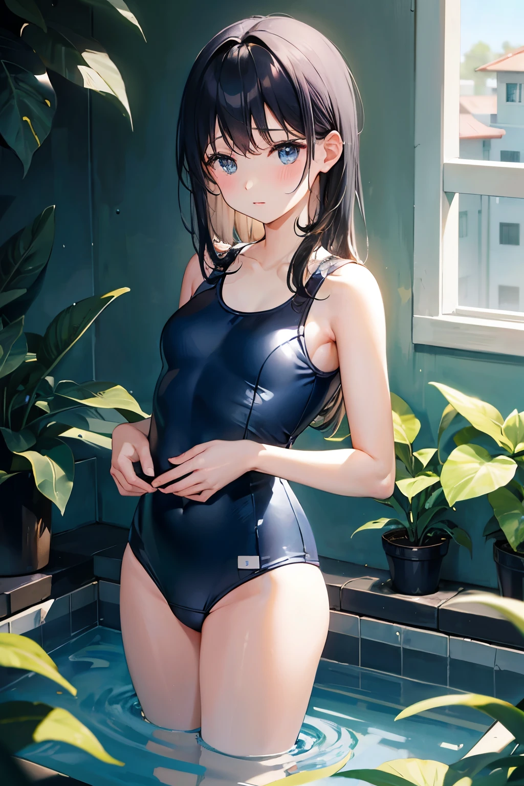Shiny navy blue school swimsuit、Background plants、Bathing、Full black hair、Standing pose
