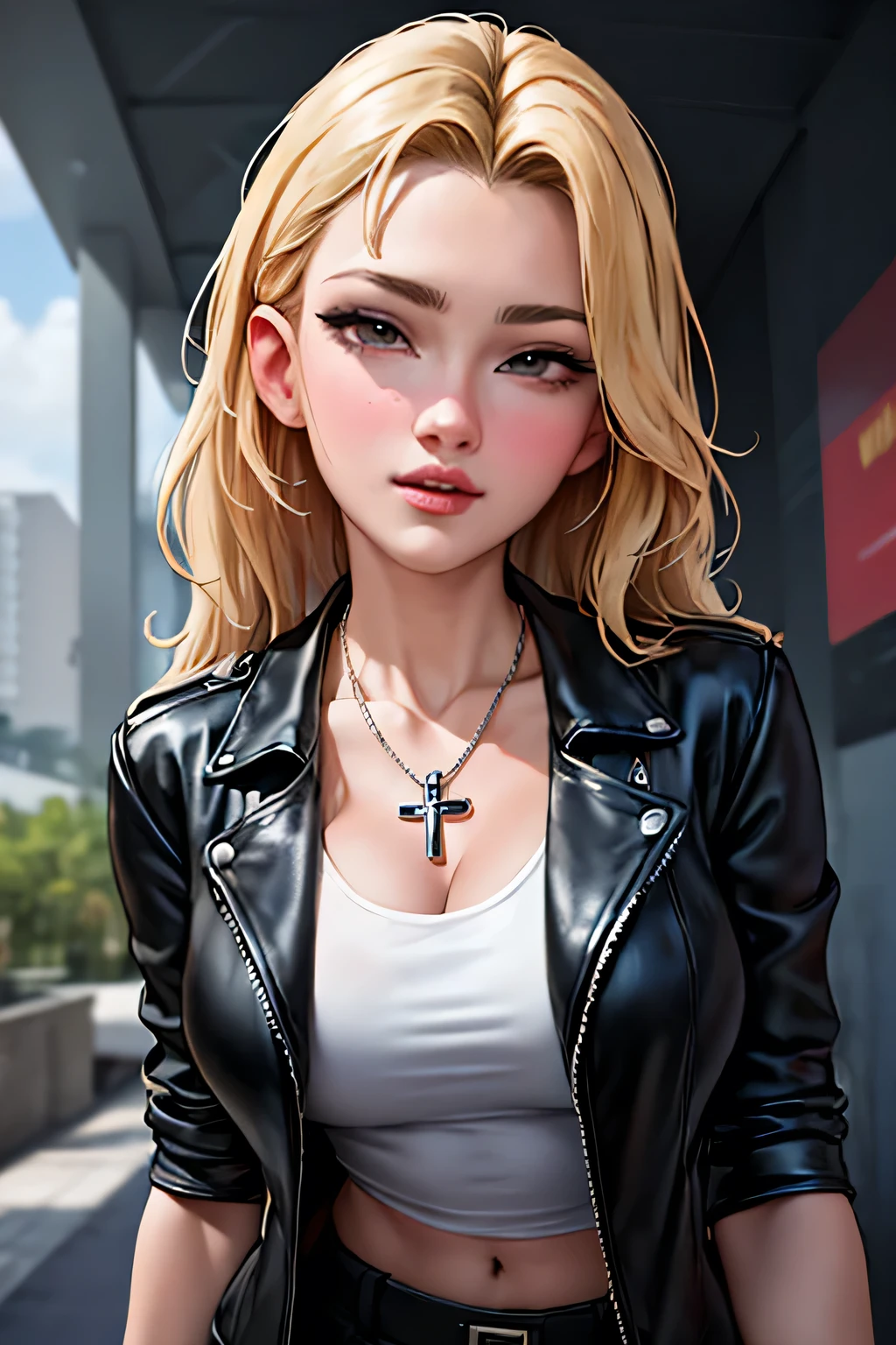 Amazing portrait of a sexy woman with a beautiful face wearing a black leather jacket over a white t shirt and black cargo pants and a cross necklace having a medium chest with cleavage and a perfect and hot body