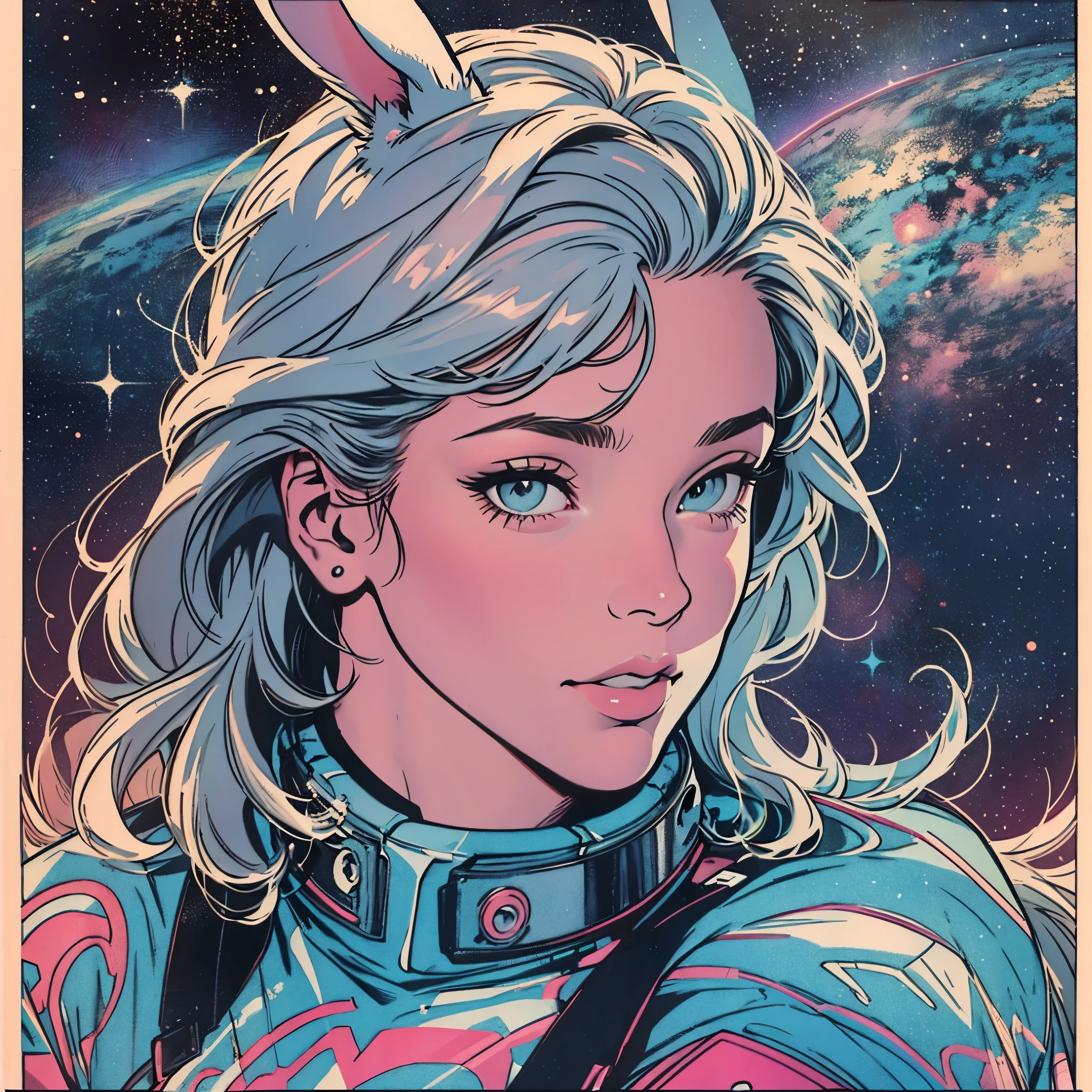 ultimate best quality,beautiful woman,speech bubble,big brest,galaxy,60s,70s,80s,colorful,cosmo,space,((rabbit)),