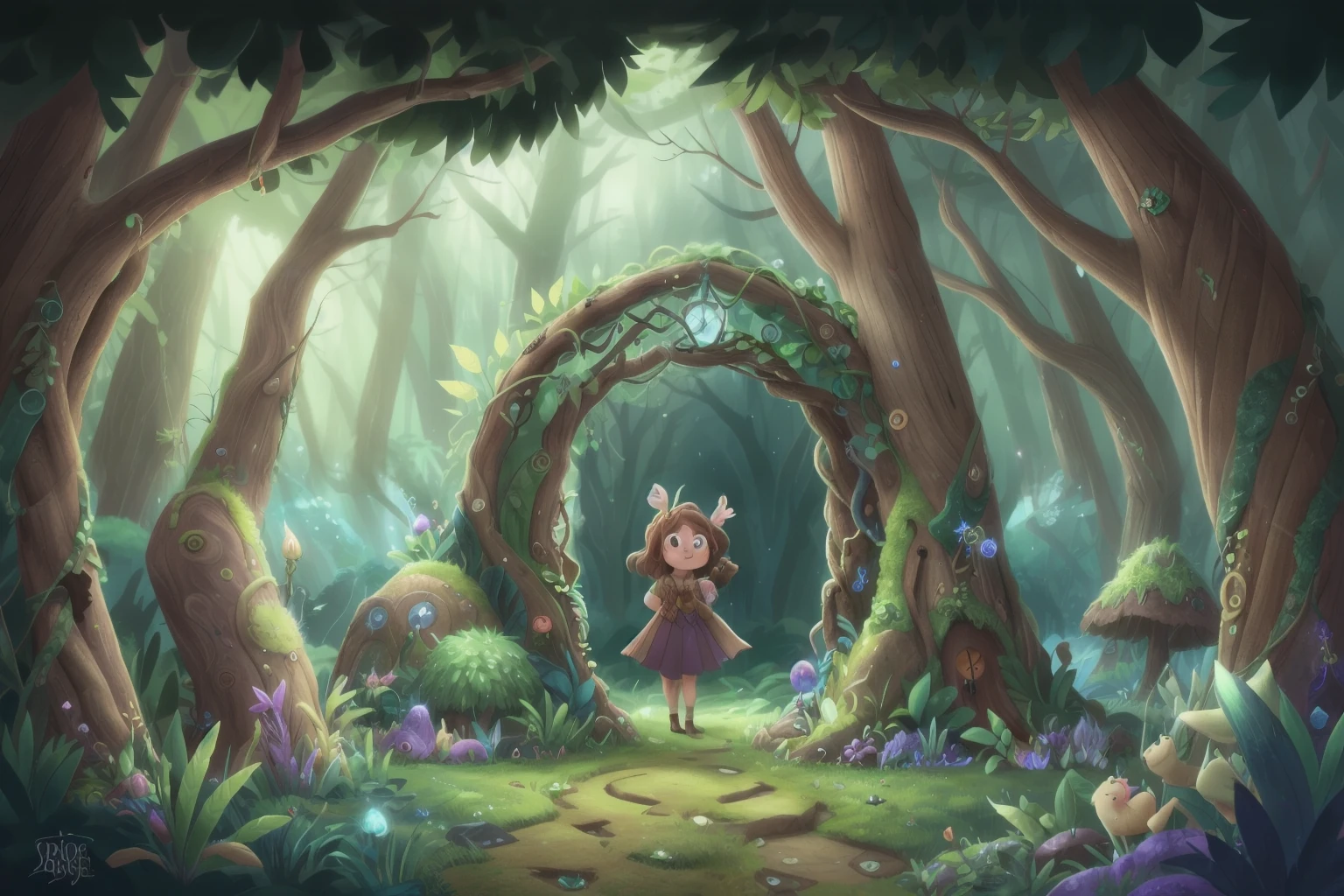 a forest with a magical portal that goes to a enchanted forest