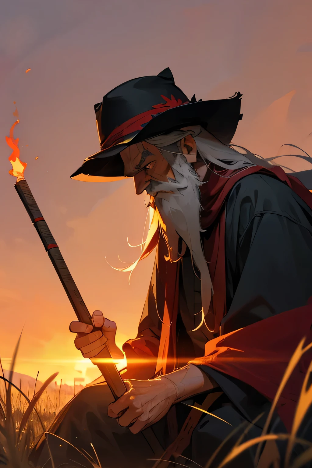 Old man, viking clothes, worn down clothes, unkempt hair, long beard. grass fields, hair covering side of face, black brimmed hat, sunset, red scarf, Japanese sit, mourning, sad, torch, holding torch, flaming staff