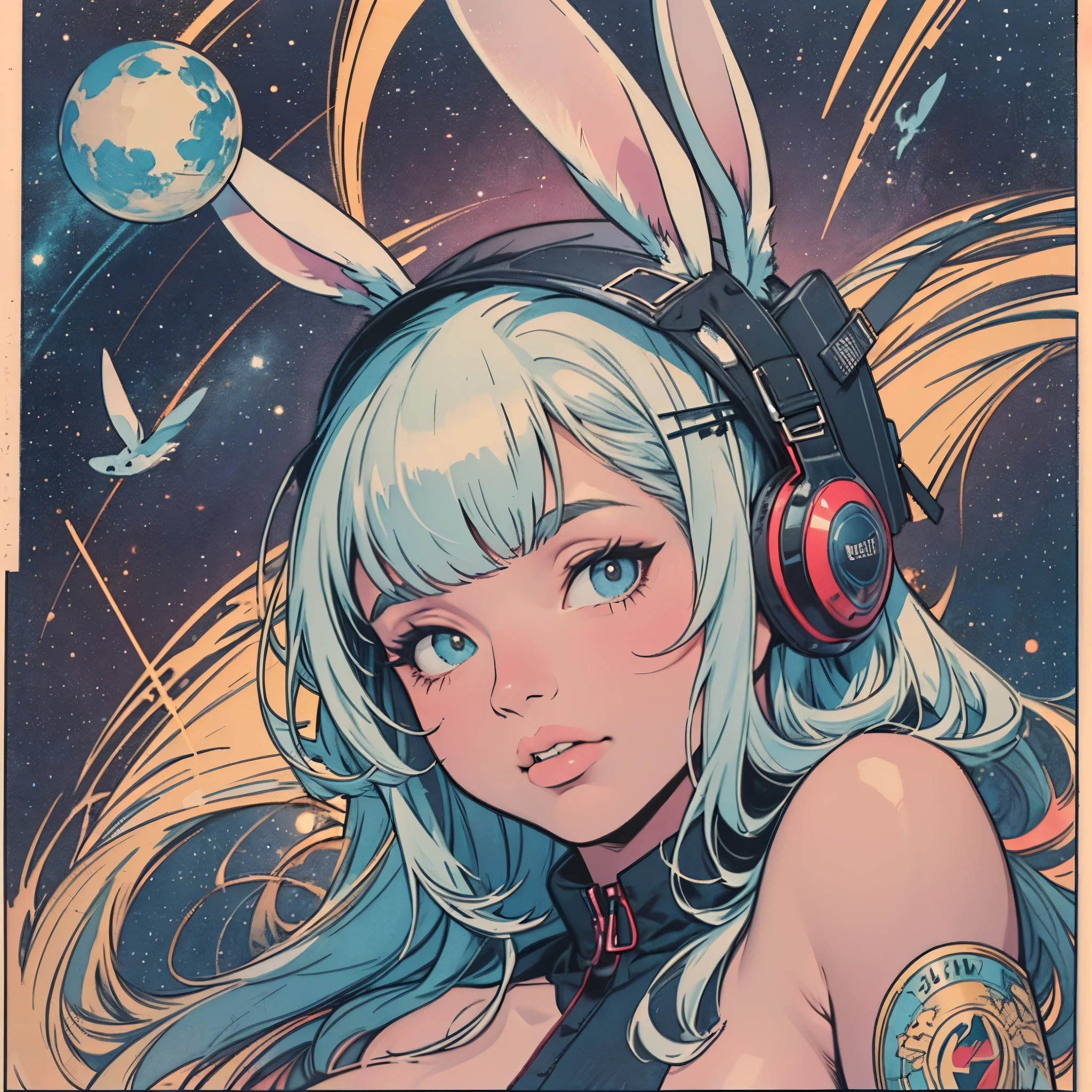 ultimate best quality,beautiful woman,speech bubble,big brest,galaxy,60s,70s,80s,colorful,cosmo,space,((rabbit)),