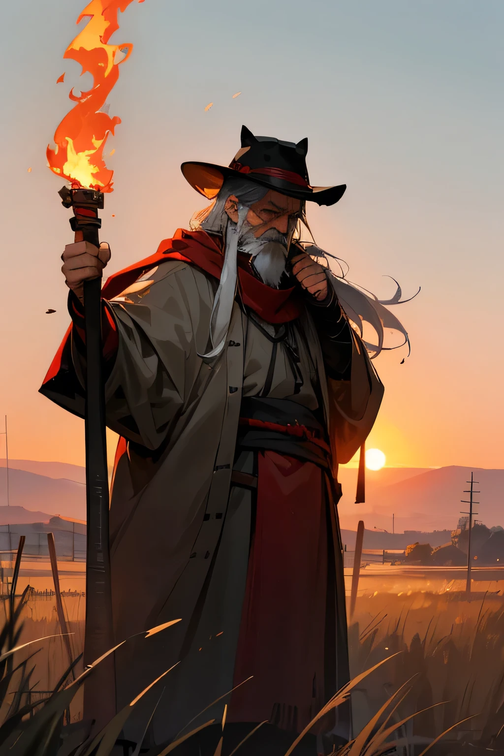 Old man, viking clothes, worn down clothes, unkempt hair, long beard. grass fields, hair covering side of face, black brimmed hat, sunset, red scarf, Japanese sit, mourning, sad, torch, holding torch, flaming staff