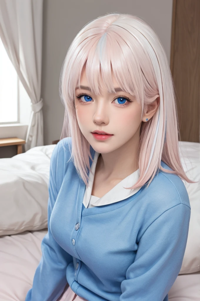 (masterpiece), (high quality), (8k resolution), (RAW photo), (best quality), (masterpiece:1.5), (realistic:1.5), ((photo realistic)), vibrant details, hyper realistic,1girl, (cute:1.2), beautiful, high-quality and detailed face, perfect face, (white hair And light pink hair:1.4), rosy cheeks, detailed eyes, (blue eyes),colorful eyes,(watery eyes),nsfw,, slender body, looking at viewer, closed mouth, real human skin, shiny skin, mid breasts, ((school uniform)), sitting, bed,