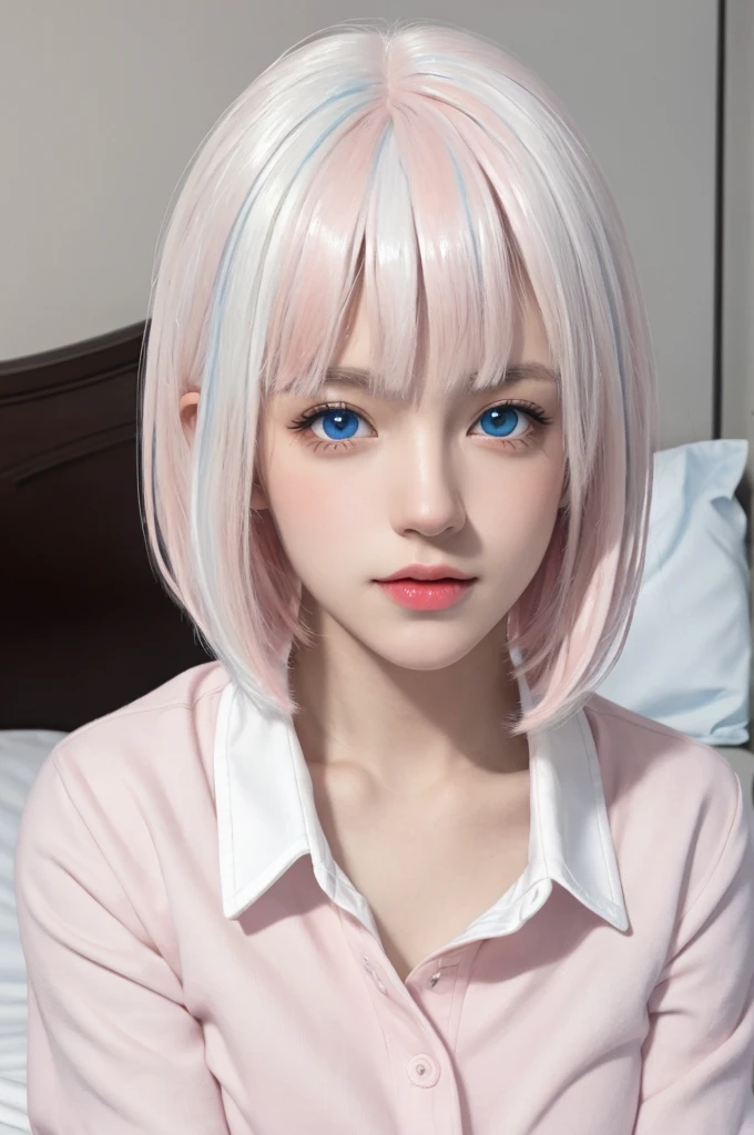 (masterpiece), (high quality), (8k resolution), (RAW photo), (best quality), (masterpiece:1.5), (realistic:1.5), ((photo realistic)), vibrant details, hyper realistic,1girl, (cute:1.2), beautiful, high-quality and detailed face, perfect face, (white hair And light pink hair:1.4), rosy cheeks, detailed eyes, (blue eyes),colorful eyes,(watery eyes),nsfw,, slender body, looking at viewer, closed mouth, real human skin, shiny skin, mid breasts, ((school uniform)), sitting, bed,