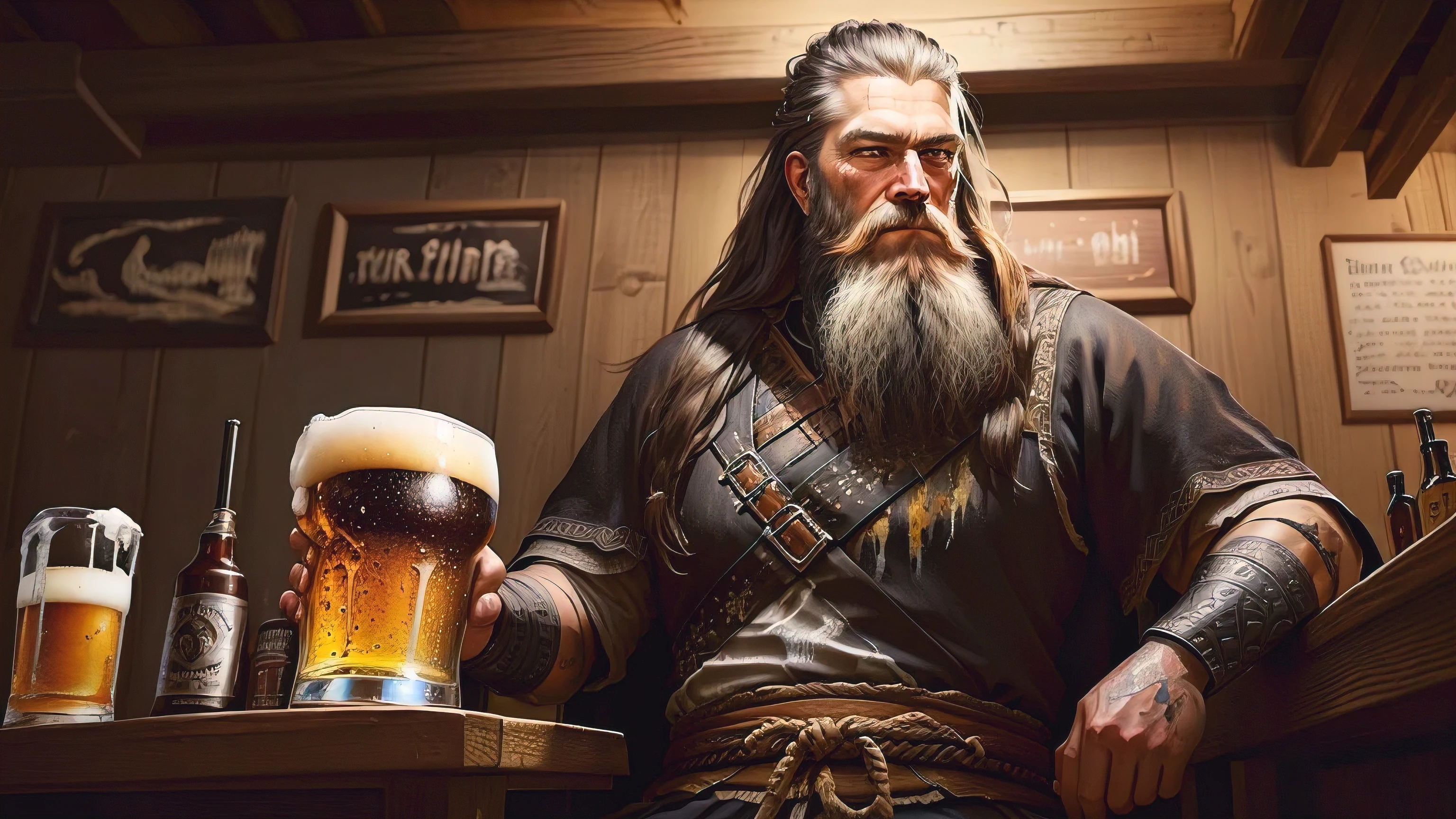 brush painting of a man with a long beard and sitting at a Bar, drinking beer, Drink beer,  painted portrait, portrait of a viking warrior, dark shadow color, viking culture,