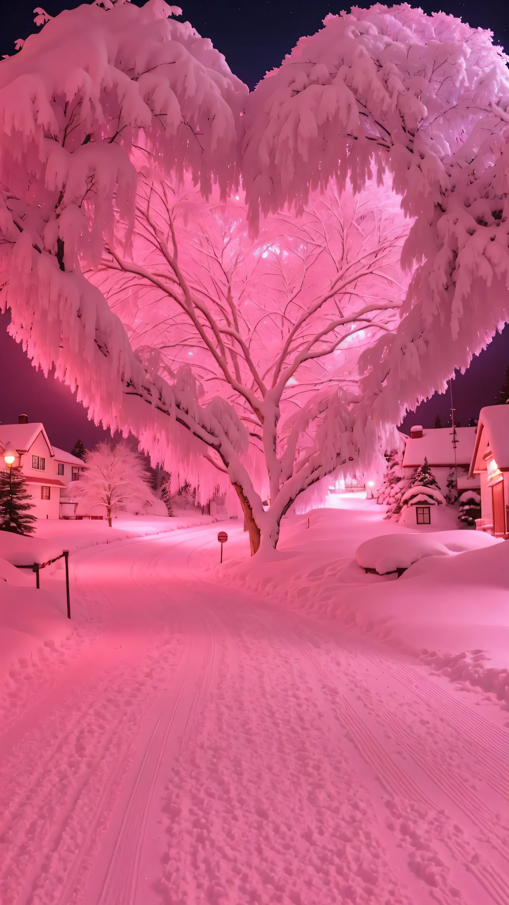 There is a heart-shaped tree in the middle of the snow path, breath - taking fair trees, breath-taking fair trees, Pink soft light 4K, glowing snow, Pink tree, fair photography, Stunning photography, Absolutely outstanding image, fair, very fair photo, fair image ever created, Dramatic pink lighting, fair!!!, Magic tree, suffocating, Pink Landscape