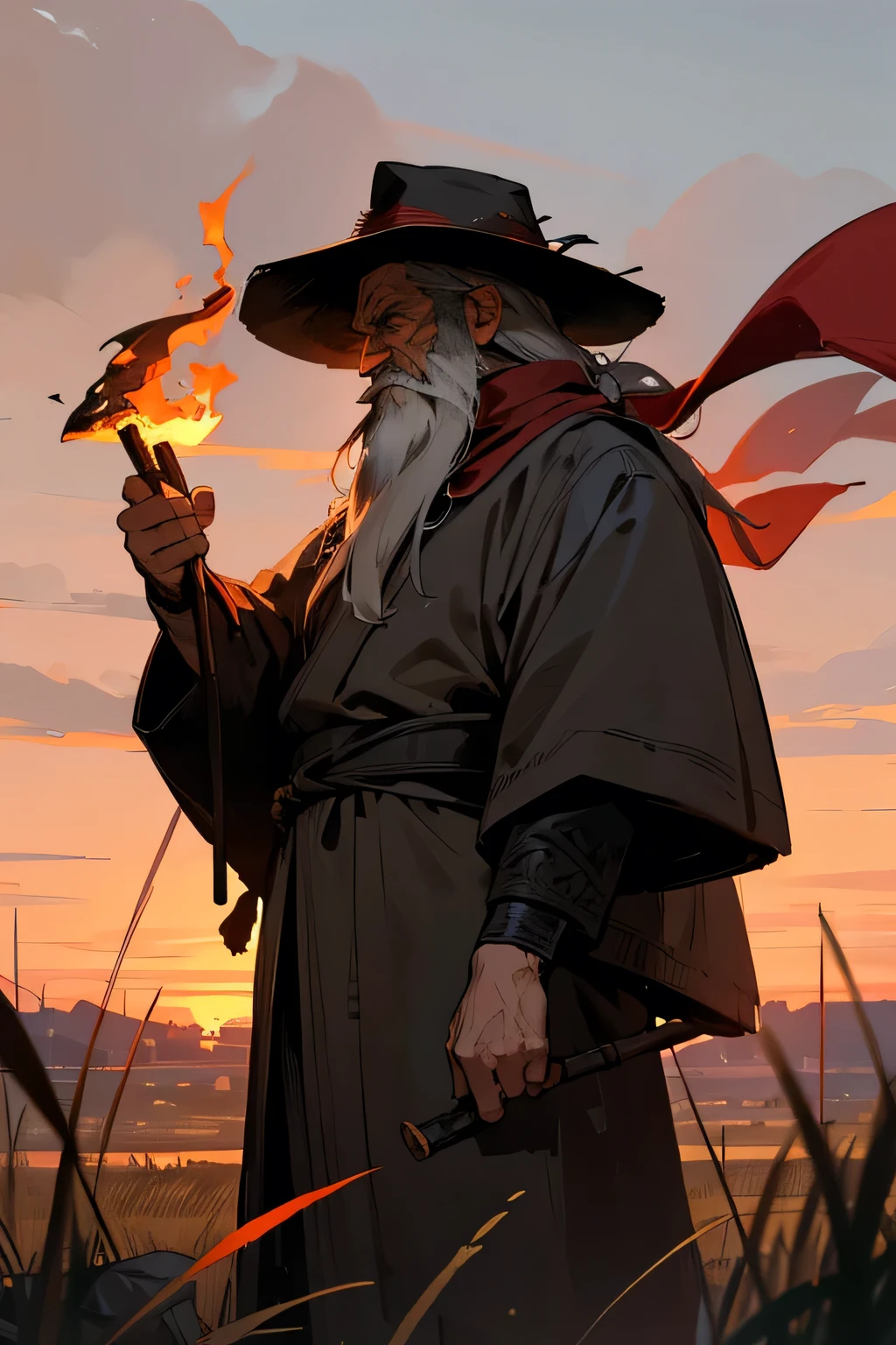 Old man, viking clothes, worn down clothes, unkempt hair, long beard. grass fields, hair covering side of face, black brimmed hat, sunset, red scarf, Japanese sit, mourning, sad, torch, holding torch, flaming staff