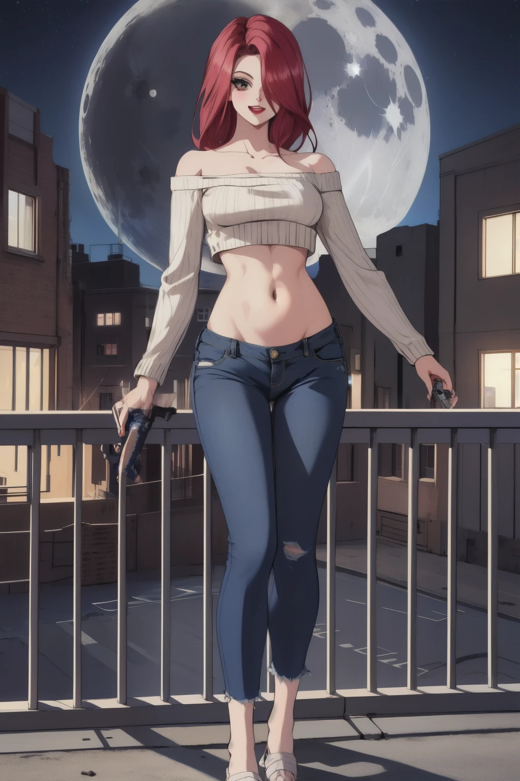  ruka, seductive smile, outdoors, rooftop, cityscape, building, railing, night, night sky, scenery, moon, city lights, blush, lipstick,
masterpiece,high quality,4k, sweater ,open mouth, long sleve, belly,crop
top,outdoor,jeans,street,road,smile, holding a gun,handgun, evil expression, exposed belly, exposed
navel, exposed midriff, exposed lower belly, unbuttoned jeans , low rise black jeans, Low rise jeans, Low
rise jeans with open fly, navel piercing