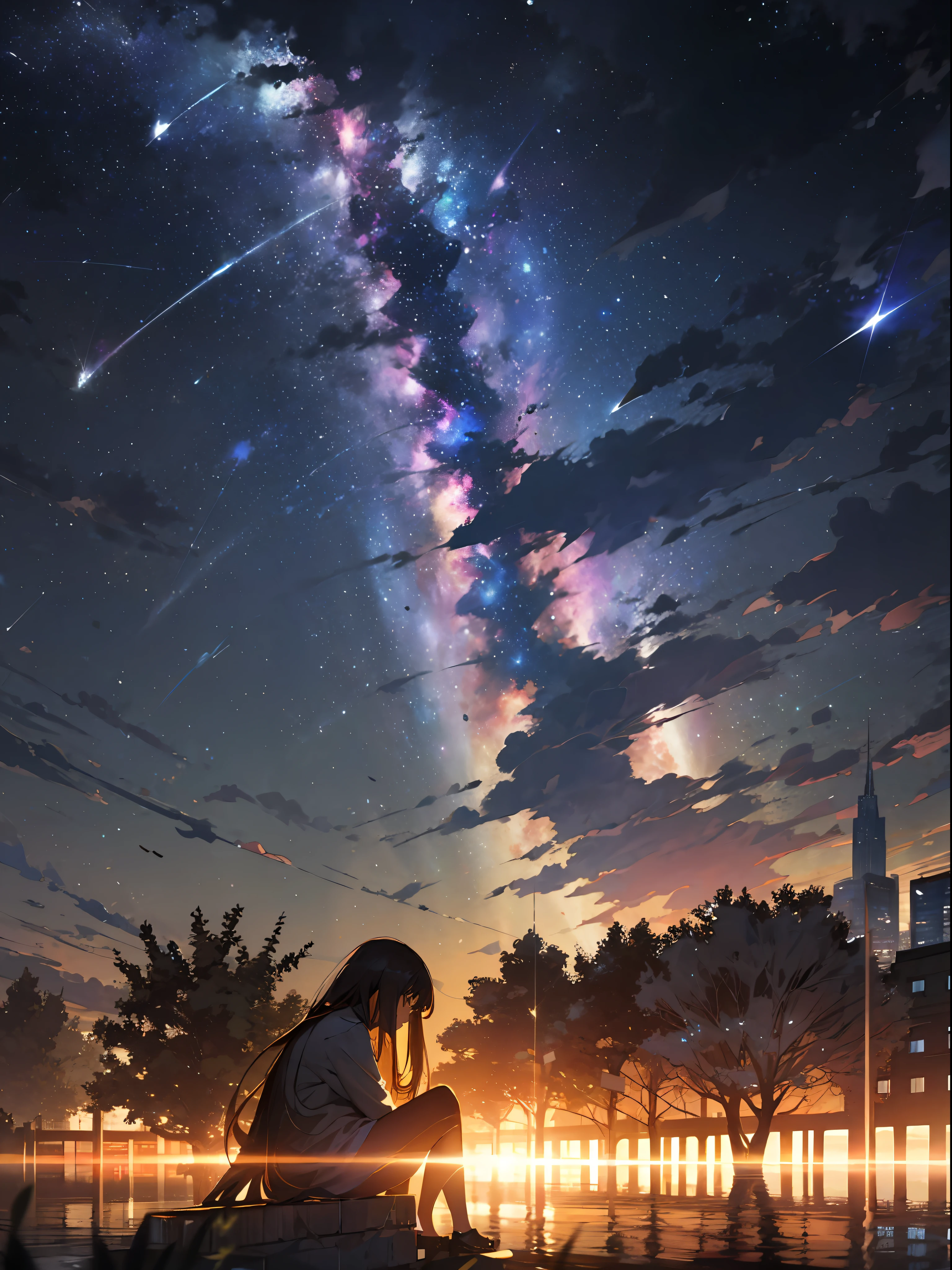 Sky, Star (Sky), landscape, Starry Sky, night, 1 Girl, night Sky, Solitary, outdoor, architecture, cloud, Milky Way, sitting, Tree, Long hair, City, contour, Cityscape