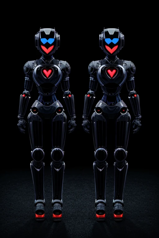 A black backdrop showcases two symmetrical robot counterparts posing within a detailed heart frame.