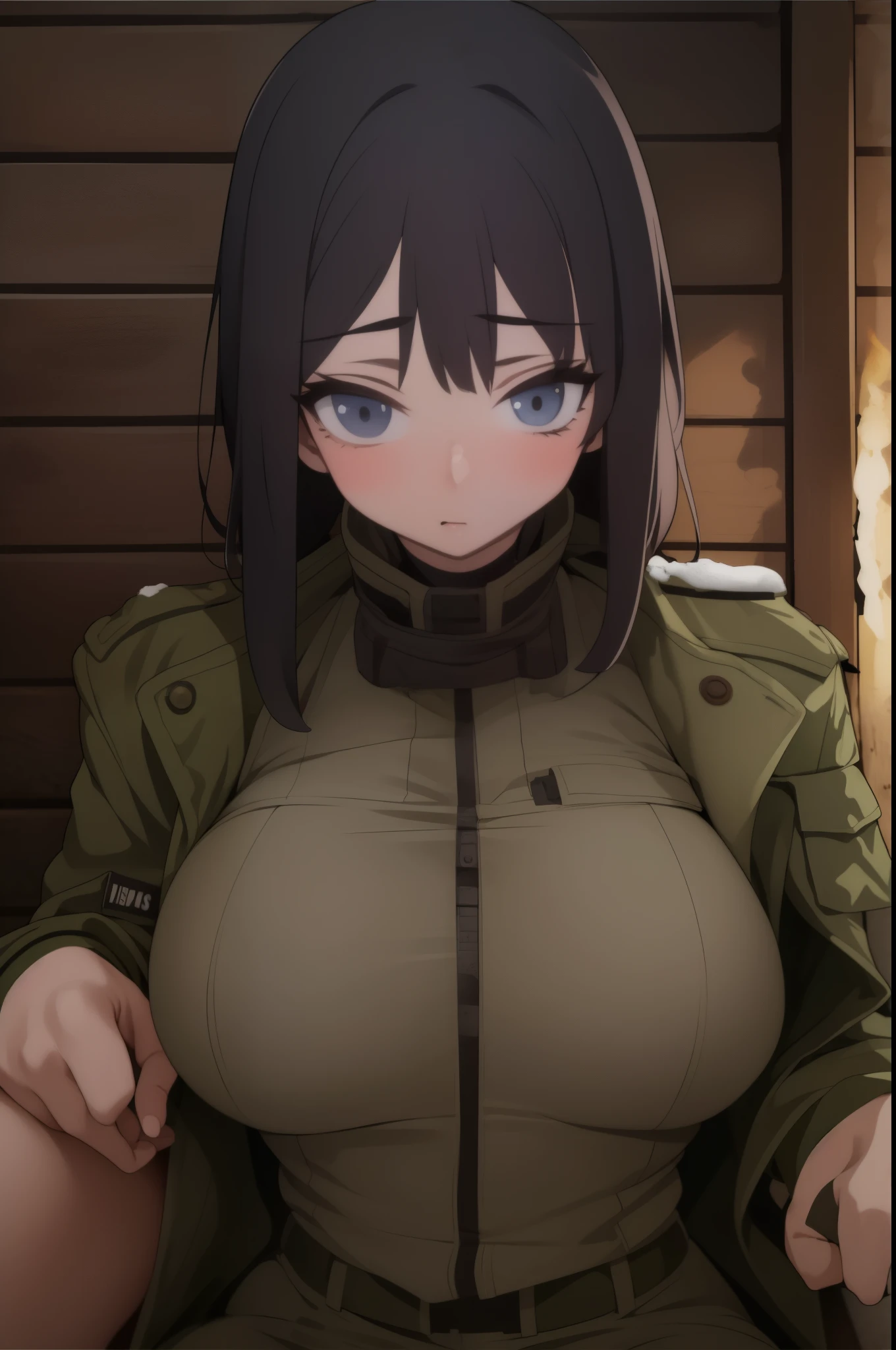 anime girl, in military outfit, Military female soldier full of coat, near a fireplace, abandoned cabin, scared faces, snow outside, hourglass body, large breasts, portrait 