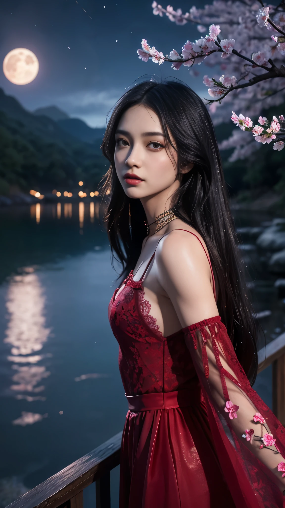 8K, ultra hd, masterpiece, 1 girl, ((18 years old girl)), good face, very long hair, detailed eyes, detailed lips, small breasts, detailed clothing, red clothing, ((criss-cross lace)), sardine, ornament, jewellery, antique jewellery, loops, straps, dim lighting, epic scenery, ((night scenery:1.5)), ((Realistic moon)), cherry blossom, beautiful, rain, flowers, butterfly, water reflection, RTX 4090, (unreal engine 5), ray tracing, bloom effect, front body,