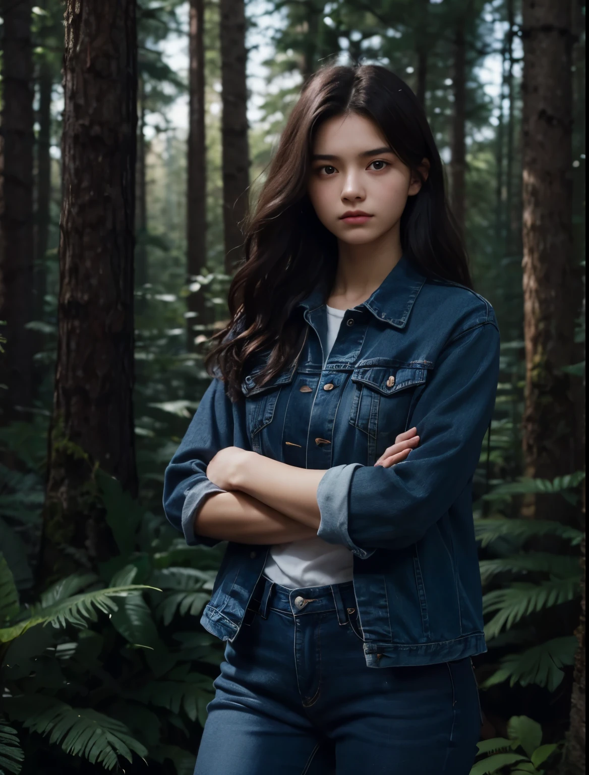 A beautiful woman. Fifteen years old. She has her arms crossed and a defiant look on her face. She's wearing blue jeans. Dark brown hair. she is in the forest.