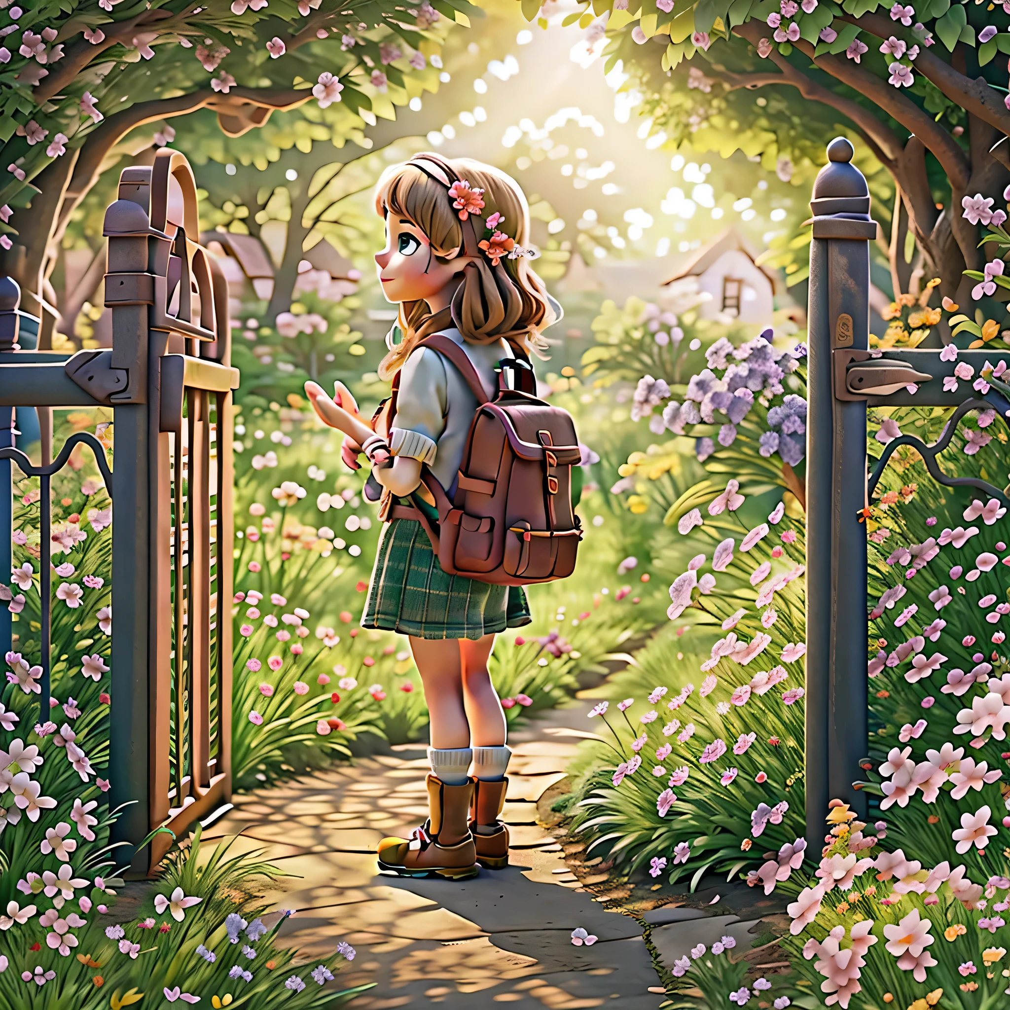 Lily stands at the garden gate, holding a map and a small backpack. Her eyes sparkle with anticipation for the adventure about to begin. In front of her, a winding path meanders through a meadow of blooming flowers, leading into a lush forest.