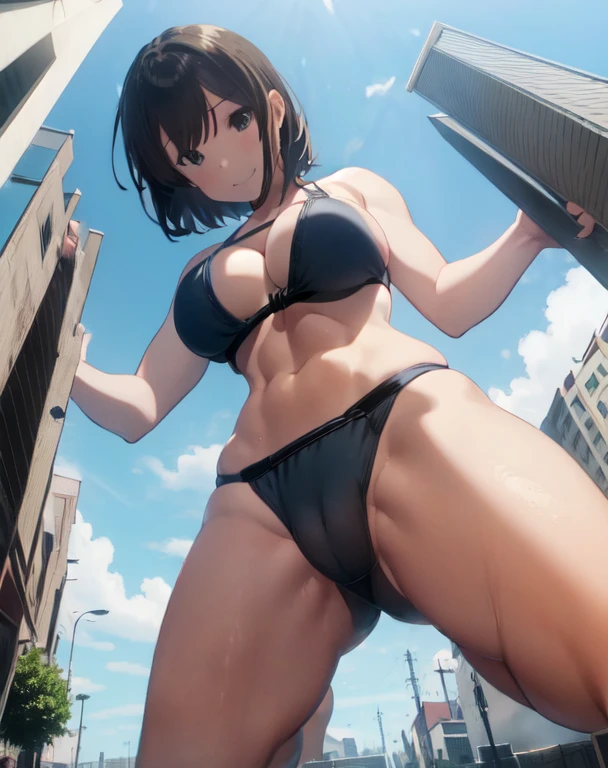 girl，Giant，Giant娘，Huge pussy，Looking down at the viewer，Angle from below，Kneel，Being outdoors，A huge city at your feet，周りで一番大きいのはgirl，どの建物よりもgirlが大きい，The building between my legs，City Centre，Bigger than Bill，ビルがgirlのひざあたりまで，Brown Hair，short hair，Mischievous Smile，Big Breasts，Big Breasts，Swimwear，bikini，There is a narrowing，He also has abs.，Thighs，太いThighs，