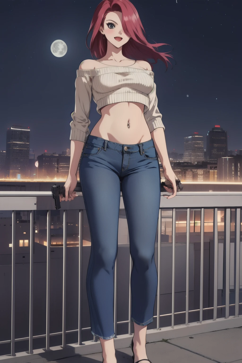  ruka, seductive smile, outdoors, rooftop, cityscape, building, railing, night, night sky, scenery, moon, city lights, blush, lipstick,
masterpiece,high quality,4k, sweater ,open mouth, long sleve, belly,crop
top,outdoor,jeans,street,road,smile, holding a gun,handgun, evil expression, exposed belly, exposed
navel, exposed midriff, exposed lower belly, unbuttoned jeans , low rise black jeans, Low rise jeans, Low
rise jeans with open fly, navel piercing