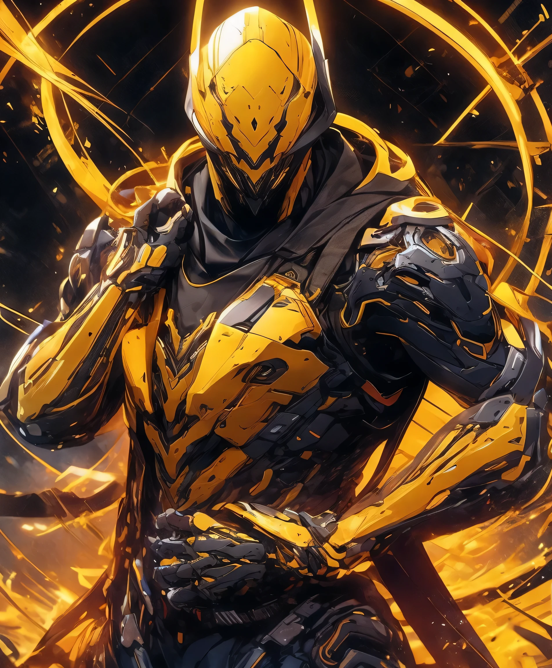 a man in a yellow jacket and yellow pants standing in dynamic fighting stance pose in a dark room, wearing cultist yellow robe, golden colour attire, character from mortal kombat, as a character in tekken, fighting game character, cyberpunk assassin, golden yellow hooded mage, cyberpunk outfits, golden yellow clothes, the yellow ninja, wearing leather assassin armor, an edgy assassin, cool yellow jacket, cyberpunk street goon , yellow aura was coming out from his like a burning yellow fire