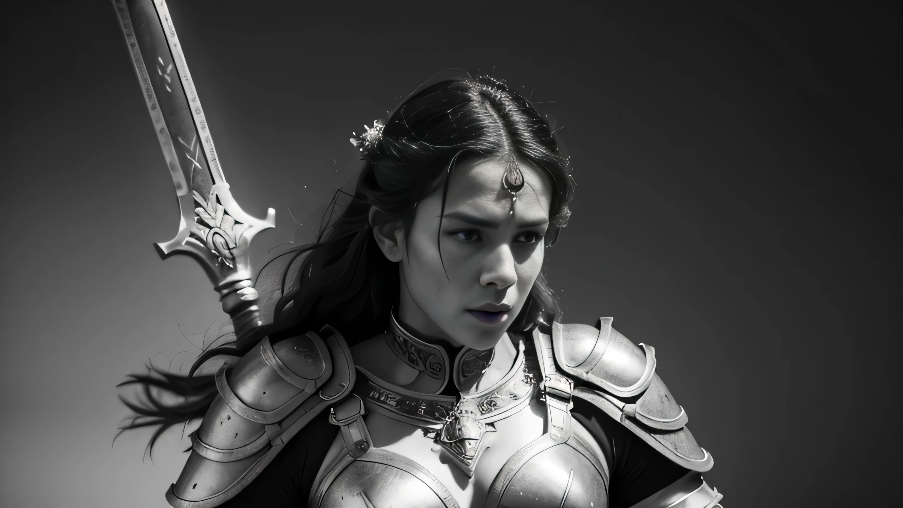 captivating pencil sketch of a powerful female gladiator, portrayed in a black and white rendering that emphasizes clear lines and intri
cate detail. She is adorned in off-white plated armor and wields both a sword and a shield, exuding an air of confidence and strength. The background features a relief image of a Roman-inspired landscape, further accentuating her role as a Roman warrior. The overall atmosphere is both epic and intense, evoking the spirit of a legendary battle. The image, rumored to be a leaked artwork by Willem Drost, has garnered attention on platforms like Tumblr for its unique portrayal of a strong, 