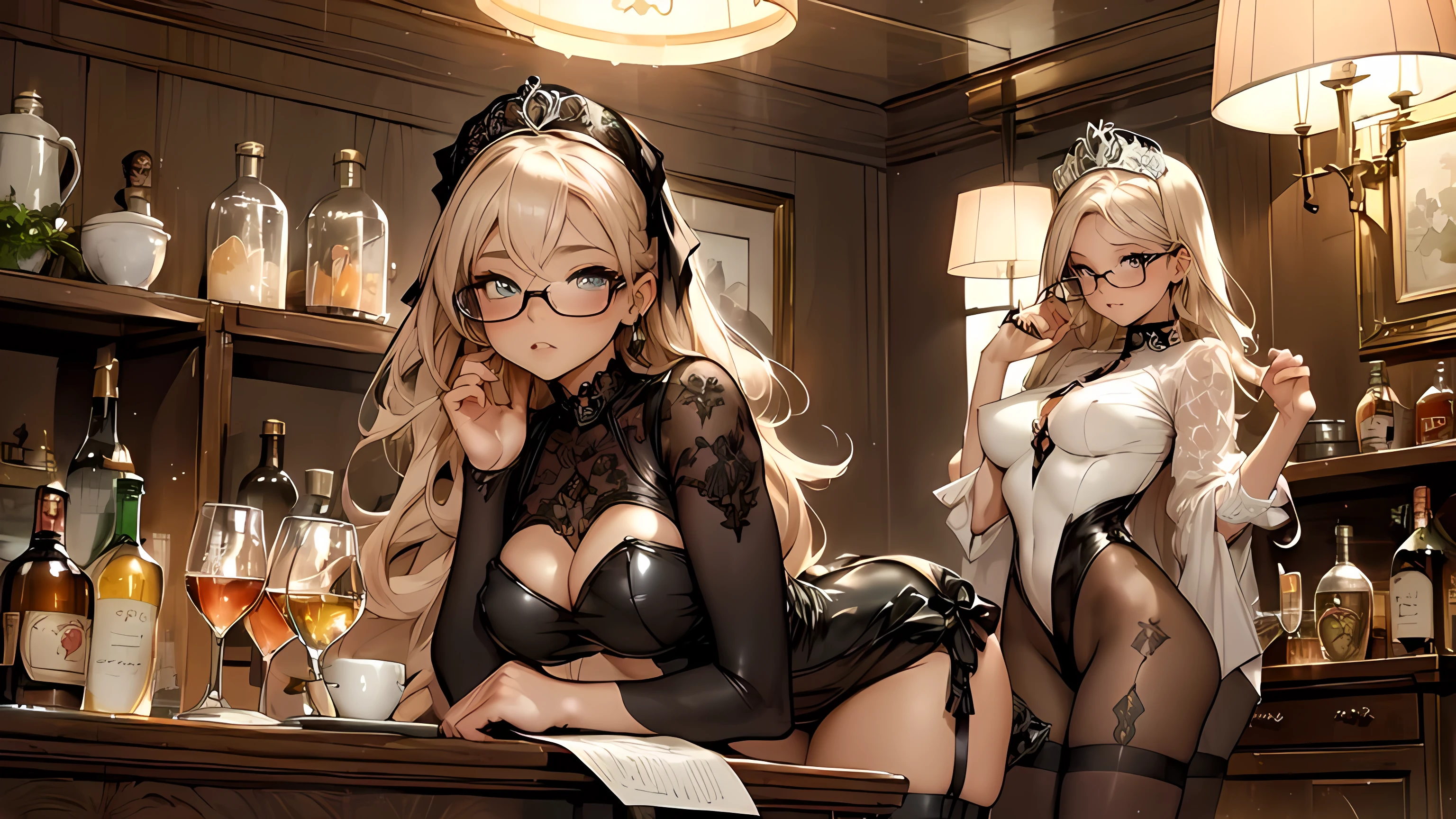 (high resolution, best quality), 1 girl, serving drinks in glasses, long hair, blush, blush stickers, black leotard, patterned stockings, pantyhose, leotard, ass, gold and diamond tiara on head, long hair, heels tall, demon girl, multiple views, long black boots, green eyes, (medium breasts), (perfect body curves, sexy legs, narrow waist, (petite, perfect curvy figure, perfect feet, perfect eyes, (cupping her breasts, holding her breasts), being recorded, (blushing, shy, embarrassed, relaxed:1.1), lips parted, tongue wet, (looking at the viewer:1.4)
an antique room with highly reflective wood flooring, shelves with jars filled with flowers, in line, antique liquor bottles, glasses, highly detailed antique furniture, cinematic lighting