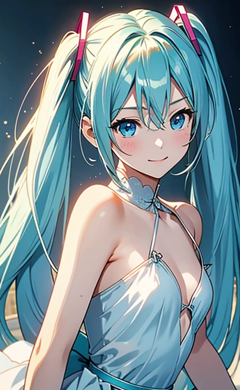 (masterpiece:1.4、top-quality、illustration:1.4,realistic、)、(character focus、breast focus,upper body:1.3)、(1girl),(clear face:1.3),(miku hatume),cute face,blue eyes、()、
,(stand:1.4),(Shining smile),
,(slender),(),
(fluorescence light green long hair:1.6,,),(twintails), (small breasts:1.3)、
、slender、hatsune_miku_bluearchive