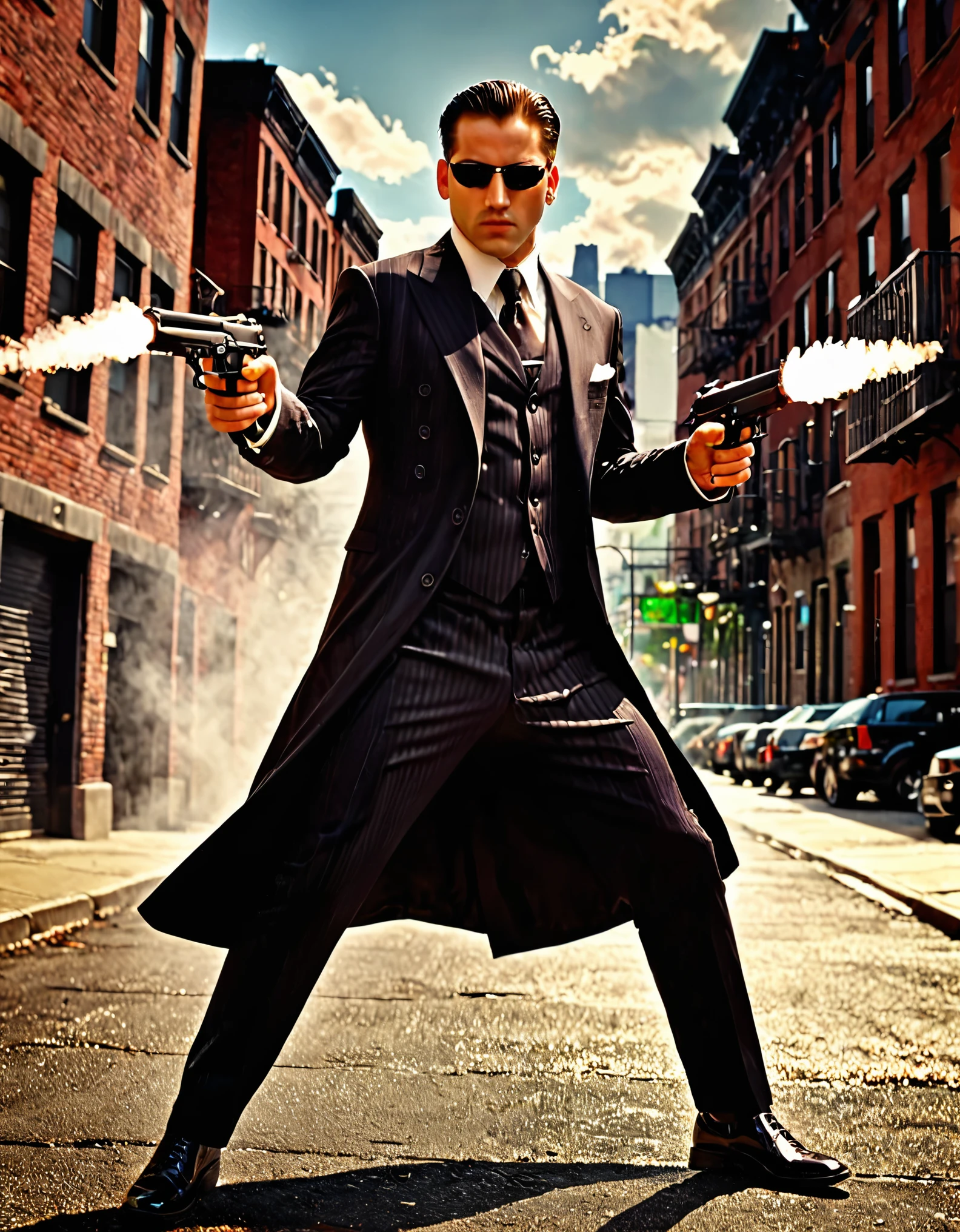 (better lighting, alto contraste, Sharp details), (a person:1.2+male) gangster, Traje negro y corbata, Camisa blanca, pantalones negros, zapatos negros pulidos, de pie, dynamic action pose, sosteniendo dos pistolas, Beretta 92, fogonazo, casquillos de bala, humo de pistola, agujeros de bala, apuntando al espectador, pelaje negro, for the chestnut, cabello mediano, cabello arreglado, 28 years, intense action, Brooklyn, high end apartment backdrop, vivid colors, high saturation, dramatic shadows.