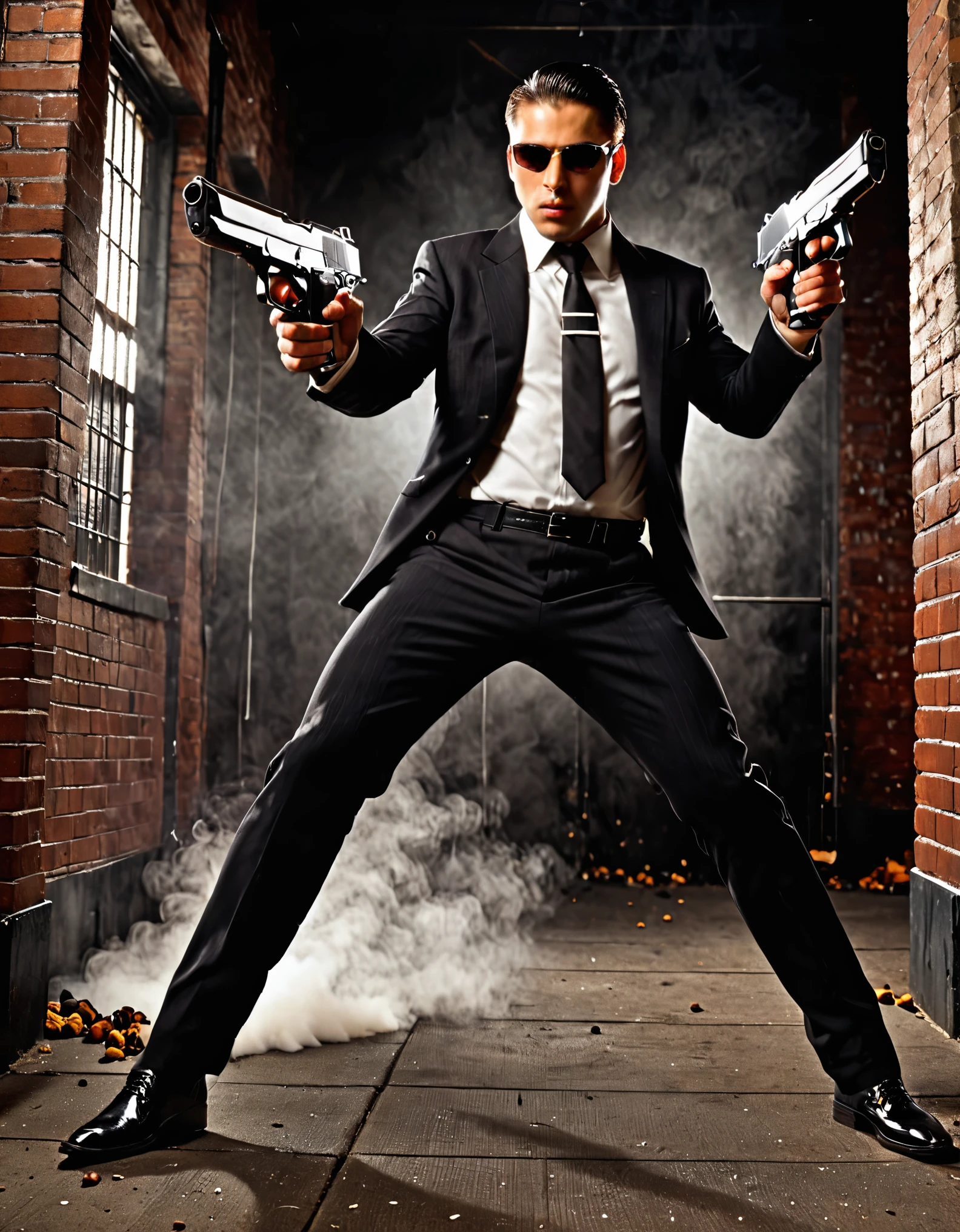 (better lighting, alto contraste, Sharp details), (a person:1.2+male) gangster, Traje negro y corbata, Camisa blanca, pantalones negros, zapatos negros pulidos, de pie, dynamic action pose, sosteniendo dos pistolas, Beretta 92, fogonazo, casquillos de bala, humo de pistola, agujeros de bala, apuntando al espectador, pelaje negro, for the chestnut, cabello mediano, cabello arreglado, 28 years, intense action, Brooklyn, high end apartment backdrop, vivid colors, high saturation, dramatic shadows.