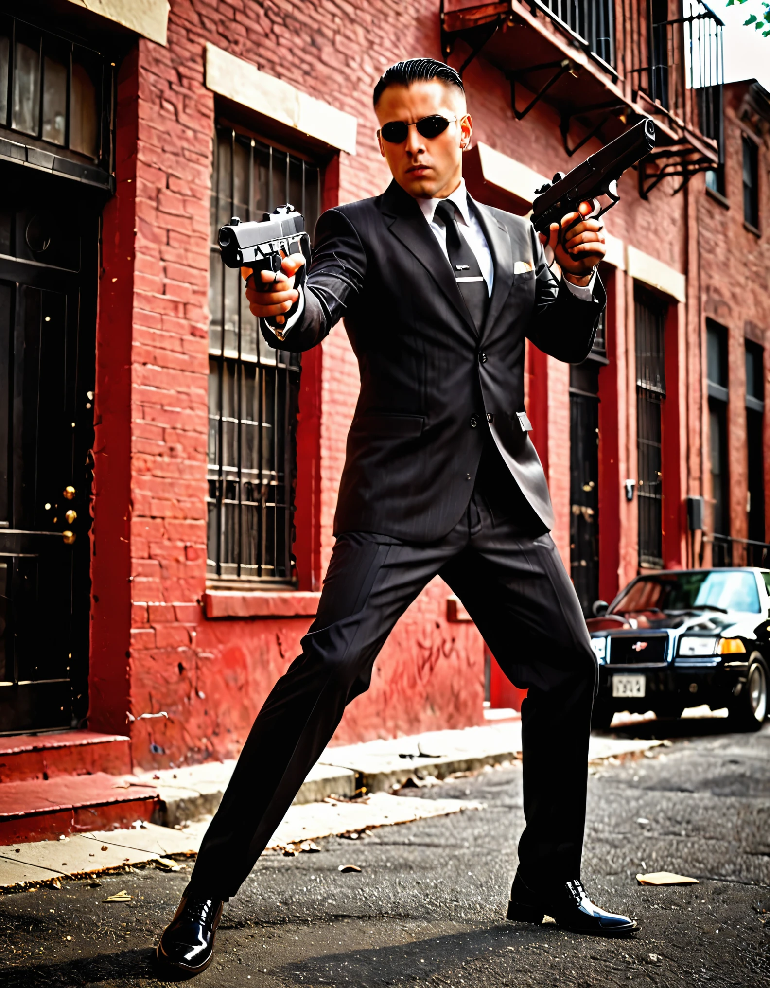 (better lighting, alto contraste, Sharp details), (a person:1.2+male) gangster, Traje negro y corbata, Camisa blanca, pantalones negros, zapatos negros pulidos, de pie, dynamic action pose, sosteniendo dos pistolas, Beretta 92, fogonazo, casquillos de bala, humo de pistola, agujeros de bala, apuntando al espectador, pelaje negro, for the chestnut, cabello mediano, cabello arreglado, 28 years, intense action, Brooklyn, high end apartment backdrop, vivid colors, high saturation, dramatic shadows.