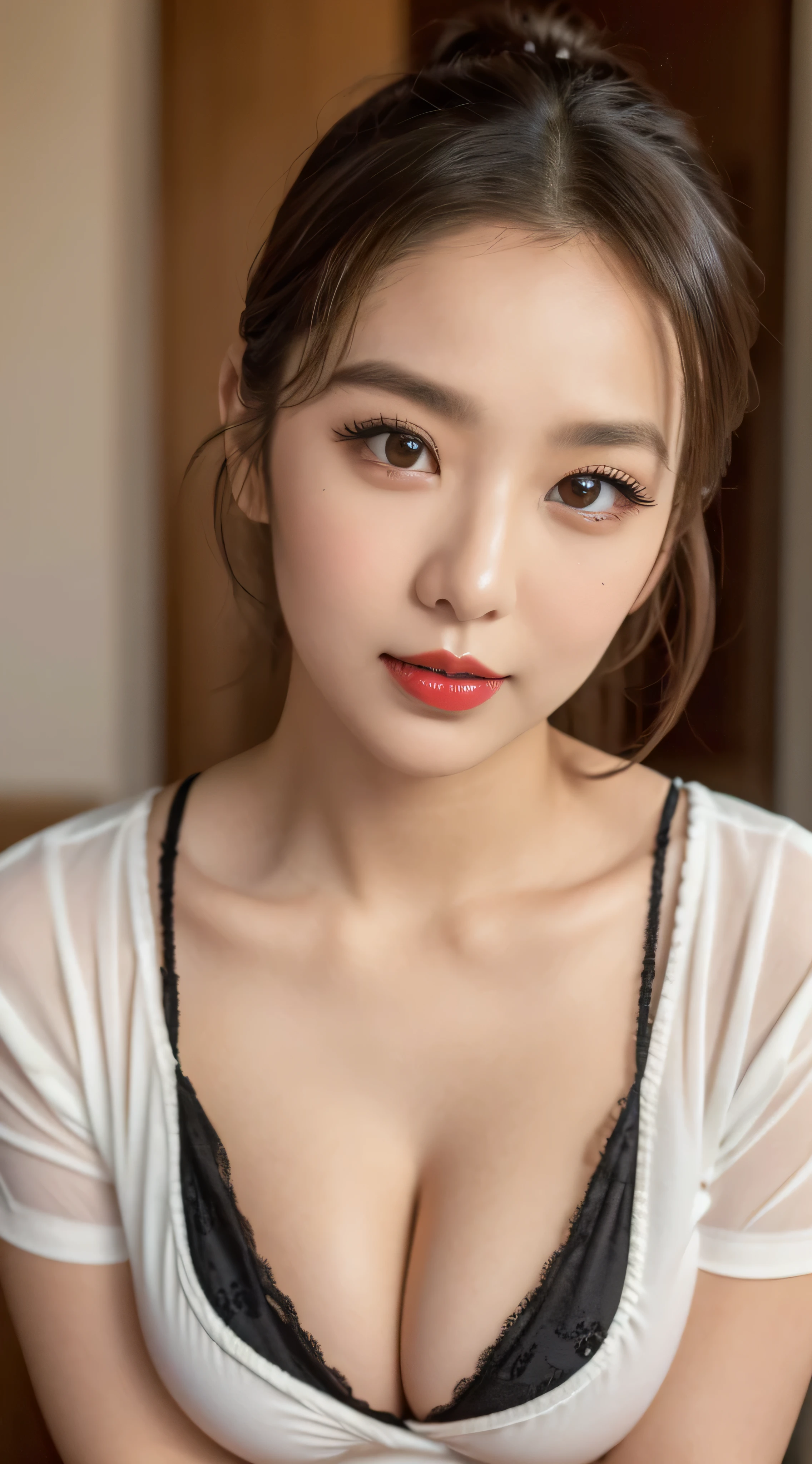 ((Best Quality, 8K, Masterpiece: 1.3)), Upper Body (1.3), Colossal (5), Outstanding Style, Gentle Face, baby face, puffed up chin, Parallel Eyebrows, smile, perfect teeth, very happy to see you, Natural Makeup, sexy t-shirt that emphasize teasing natural perfect cleavage, Refresh, winged eyeliner, blushing, perfect strong winged eyeliner, glossy red lips,thin eyebrows, really fine eyes, Soft skin that shines in every detail, perfect flawless make up, eye contact,perfect body, shocked expression in the eyes, extremely detailed cleavage, attractive girl, gorgeous young, attractive girl, submissive gaze, big breasts