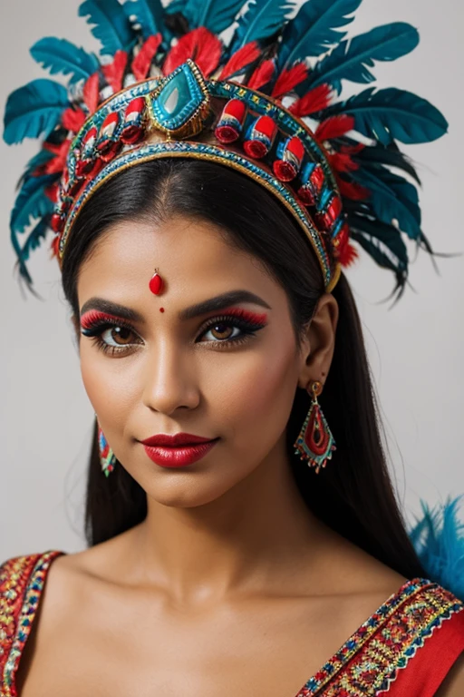 A Brazilian woman wearing blue and red headdress, vibrant makeup, bold earrings and direct gaze.