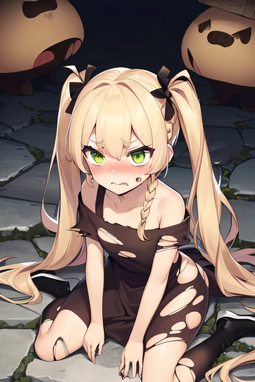 ((the best image quality、the best、Female 1、Drawing in detail))、
((Blonde、Twin tails、Long Hair、side braid))、((Yellow-green eyes))、((Small breasts、Flat Chest))、((Embarrassing、Open your mouth、Take a deep breath、blush:1.3))、
((sepia apron:1.5、Dark brown outfit、simple apron、Naked Apron、off shoulder))、((Torn clothes:2、Costume damage:1.5、Scorched costume:1.5))、((wariza、Place both hands on the ground))、((Iron bars、Jail、darkness、Underground Prison:1.5、prison、Cobblestone floor))