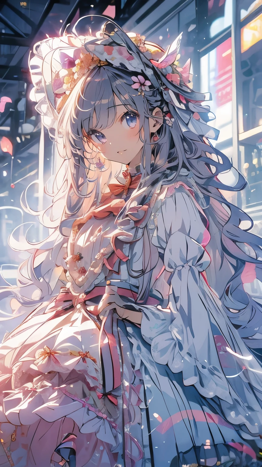 (Mastepiece)、(Best Quality)、Highly detailed face、Anime Girl、1 girl、Lolita Clothing、Fluffy long hair、Lots of flowers、butterfly々、petal
