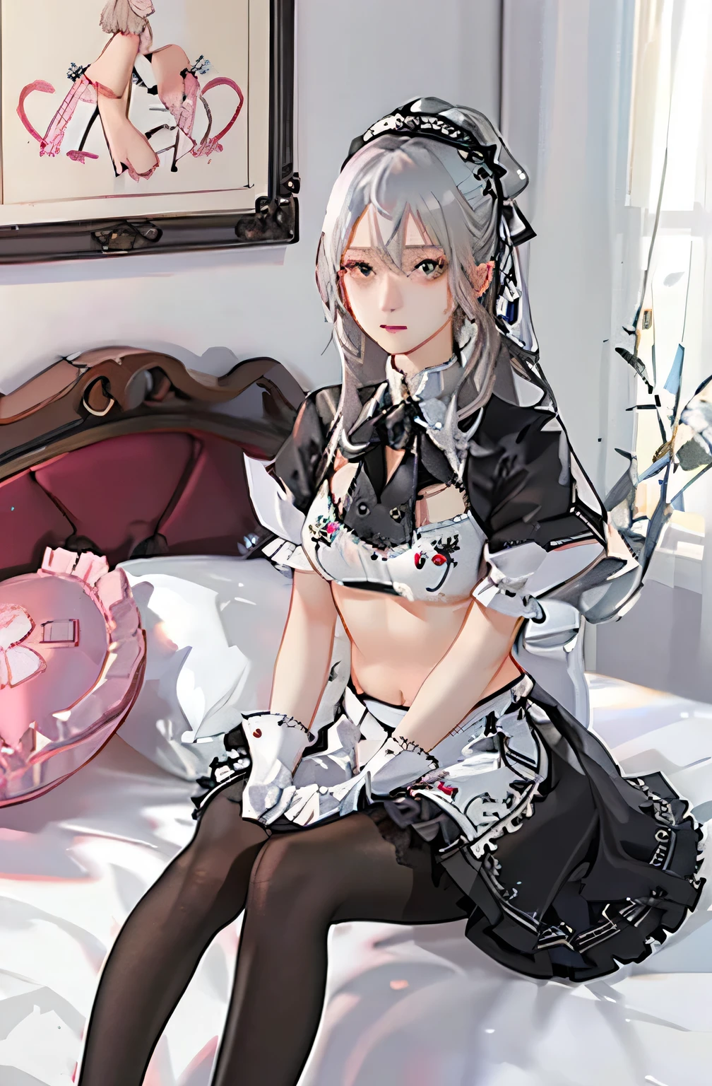 (((1 girl)),Ray Tracing,(Dim lighting),[Detailed Background (Bedroom)),((Silver Hair)),((Silver Hair)),(Fluffy Silver Hair, Plump and slender girl)) Raised ponytail)))) Avoid blonde eyes in the ominous Bedroom ((((Girls、She wears intricately embroidered black high-waisted pants and pantyhose.。) White frilly ribbon gloves), Showing off a delicate, slim figure and graceful curves, Correct limbs, Sitting on the bed、8K、Perfect female body、Red line clothes、8K、High quality、Naughty fashion、、Pink outfit、bikini