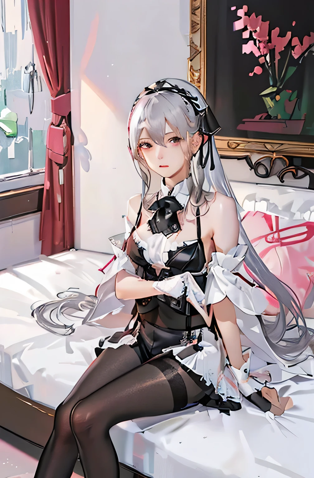(((1 girl)),Ray Tracing,(Dim lighting),[Detailed Background (Bedroom)),((Silver Hair)),((Silver Hair)),(Fluffy Silver Hair, Plump and slender girl)) Raised ponytail)))) Avoid blonde eyes in the ominous Bedroom ((((Girls、She wears intricately embroidered black high-waisted pants and pantyhose.。) White frilly ribbon gloves), Showing off a delicate, slim figure and graceful curves, Correct limbs, Sitting on the bed、8K、Perfect female body、Red line clothes、8K、High quality、Naughty fashion、Lingerie、Pink outfit、bikini