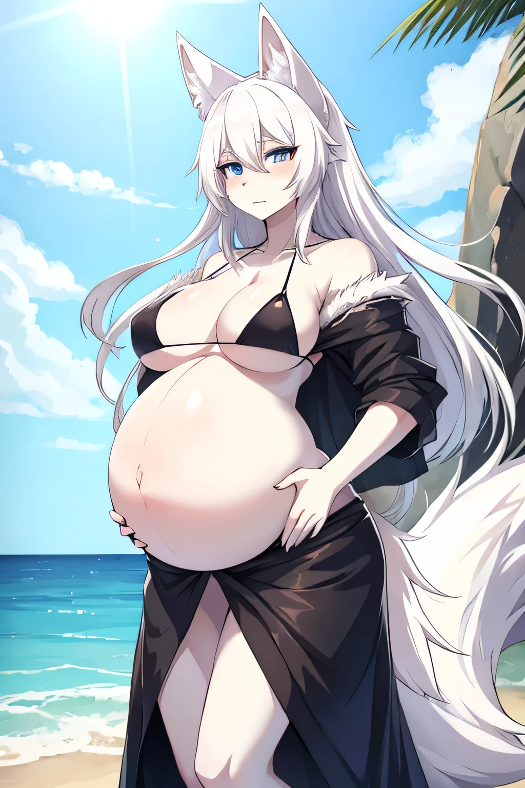 female, Jormungand, wolf form, white fur, clean eyes, bikini, pregnant