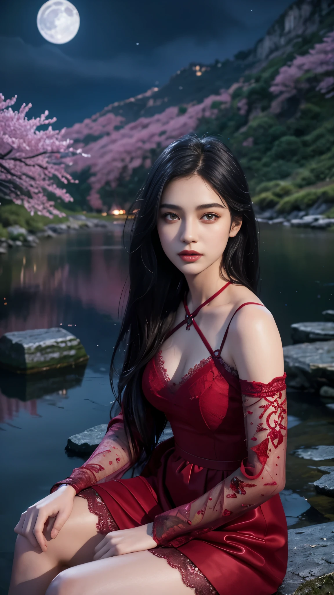 8K, ultra hd, masterpiece, 1 girl, ((18 years old girl)), good face, very long hair, detailed eyes, detailed lips, small breasts, detailed clothing, red clothing, ((criss-cross lace)), sardine, ornament, jewellery, antique jewellery, loops, straps, dim lighting, epic scenery, ((night scenery:1.5)), ((Realistic moon)), cherry blossom, beautiful, rain, flowers, butterfly, water reflection, RTX 4090, (unreal engine 5), ray tracing, bloom effect, front body, sitting, 