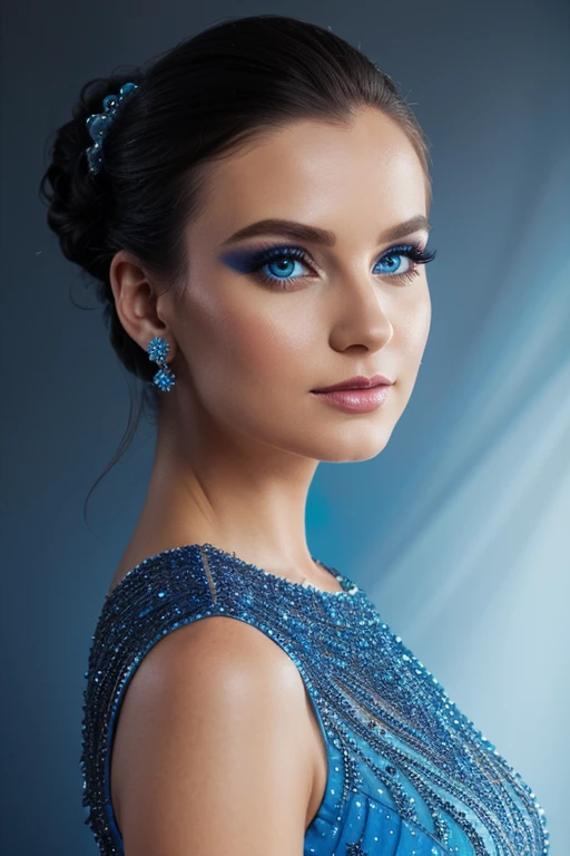 A studio portrait: Blue-themed makeup, elegant updo, sparkling crystal dress.