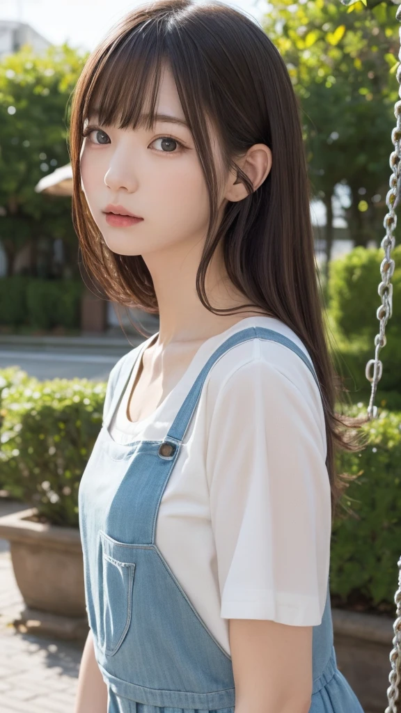 Dragon Ball　bloomers, futuristic scene, Mechanically enhanced Japanese high school girl、Elegant in an elaborate garden. She has beautifully detailed eyes and lips that complement her face. high school girl。.uniform。.。.。.。.。.。14 year old girl.. Around her are bright チューリップ and a quiet carp pond. The scenes are drawn using a combination of illustration and photorealism, Rose,Highly detailed brush strokes and sharpness, bright colors. Lighting that highlights the elegance of the uniform, gives softness to the skin, porcelain shine。. Artwork is of the highest quality, Exquisite costume details on display, Rose, . The overall color scheme is、、、、、、、、、、、、、、、traditional Japanese color combinations, crimson, hang on., bus stop、sit on a swing、Headphones around the neck、Side view、Side view、whole body、cute clothes、from far away、Open the center、Big eyes、random pose、whole body、