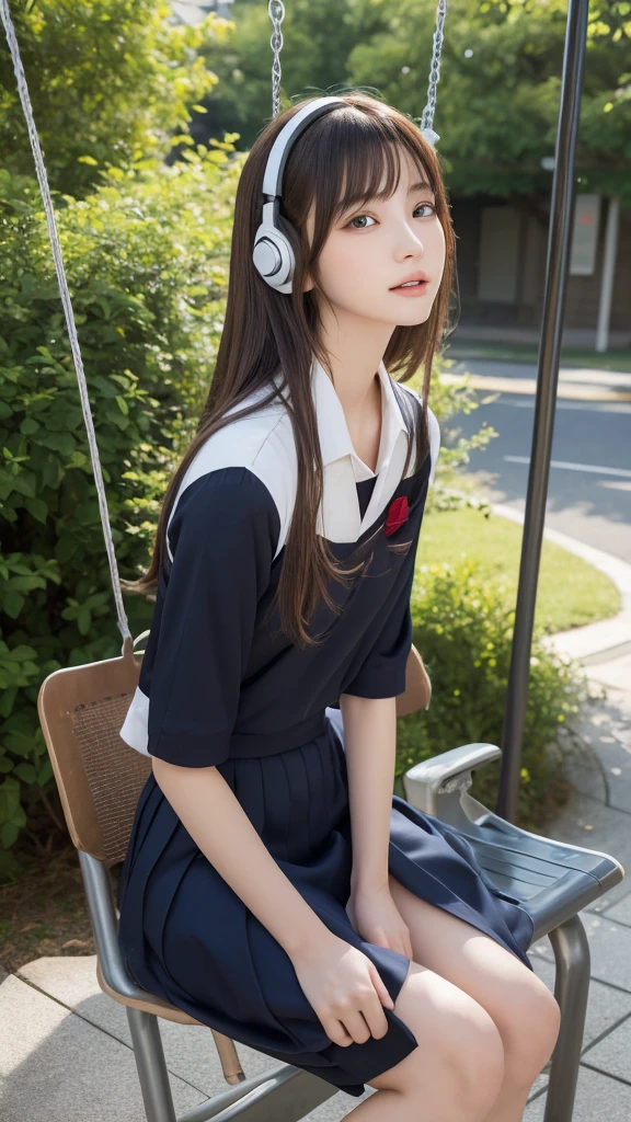 Dragon Ball bloomers, futuristic scene, Mechanically enhanced Japanese high school girl、Elegant in an elaborate garden. She has beautifully detailed eyes and lips that complement her face. high school girl。.uniform。.。.。.。.。.。14 year old girl.. Around her are bright チューリップ and a quiet carp pond. The scenes are drawn using a combination of illustration and photorealism, Rose,Highly detailed brush strokes and sharpness, bright colors. Lighting that highlights the elegance of the uniform, gives softness to the skin, porcelain shine。. Artwork is of the highest quality, Exquisite costume details on display, Rose, . The overall color scheme is、、、、、、、、、、、、、、、traditional Japanese color combinations, crimson, hang on., bus stop、sit on a swing、Headphones around the neck、Side view、Side view、whole body、cute clothes、from far away、Open the center、Big eyes、random pose、whole body、