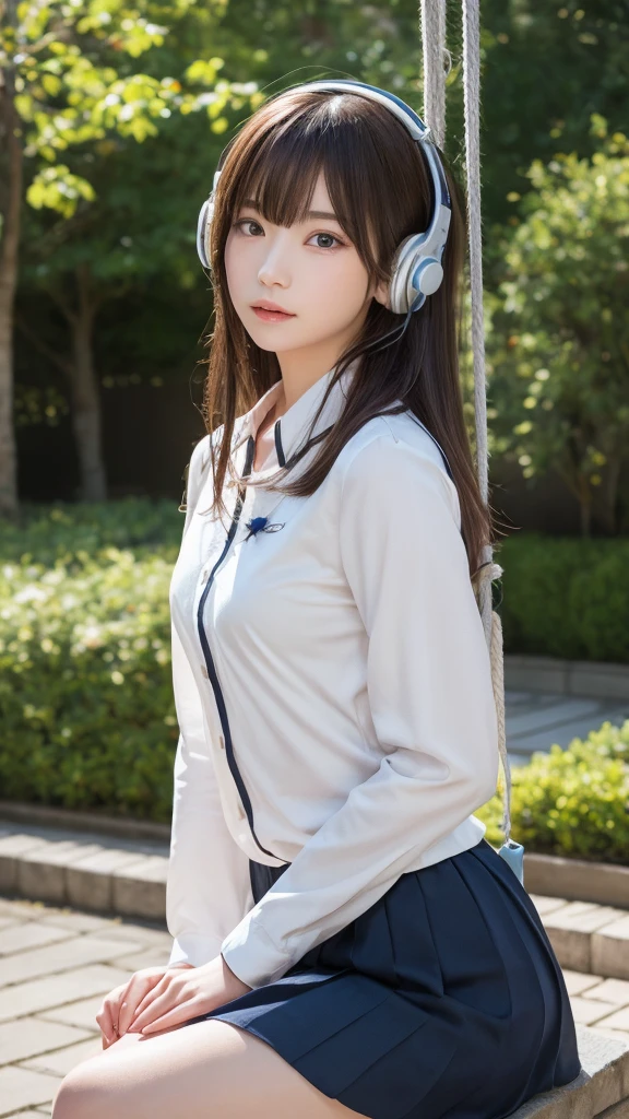 Dragon Ball bloomers, futuristic scene, Mechanically enhanced Japanese high school girl、Elegant in an elaborate garden. She has beautifully detailed eyes and lips that complement her face. high school girl。.uniform。.。.。.。.。.。14 year old girl.. Around her are bright チューリップ and a quiet carp pond. The scenes are drawn using a combination of illustration and photorealism, Rose,Highly detailed brush strokes and sharpness, bright colors. Lighting that highlights the elegance of the uniform, gives softness to the skin, porcelain shine。. Artwork is of the highest quality, Exquisite costume details on display, Rose, . The overall color scheme is、、、、、、、、、、、、、、、traditional Japanese color combinations, crimson, hang on., bus stop、sit on a swing、Headphones around the neck、Side view、Side view、whole body、cute clothes、from far away、Open the center、Big eyes、random pose、whole body、