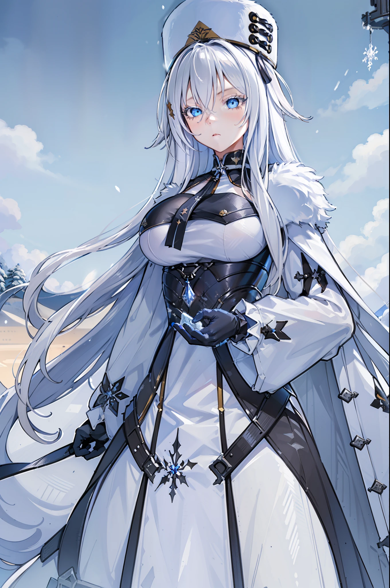 (best quality:1.3), (masterpiece:1.3), (illustration:1.3), (ultra-detailed:1.3), (mid shot:0.9), 1girl, white hair, winter coat, tall, mature, snow, snowy, blue eyes, headwear, winter cap, serious expression, tsurime, large breasts, fur-trimmed coat, winter dress, upperbody, snsoyuz, sovetsky soyuz \(azur lane\), gloves,