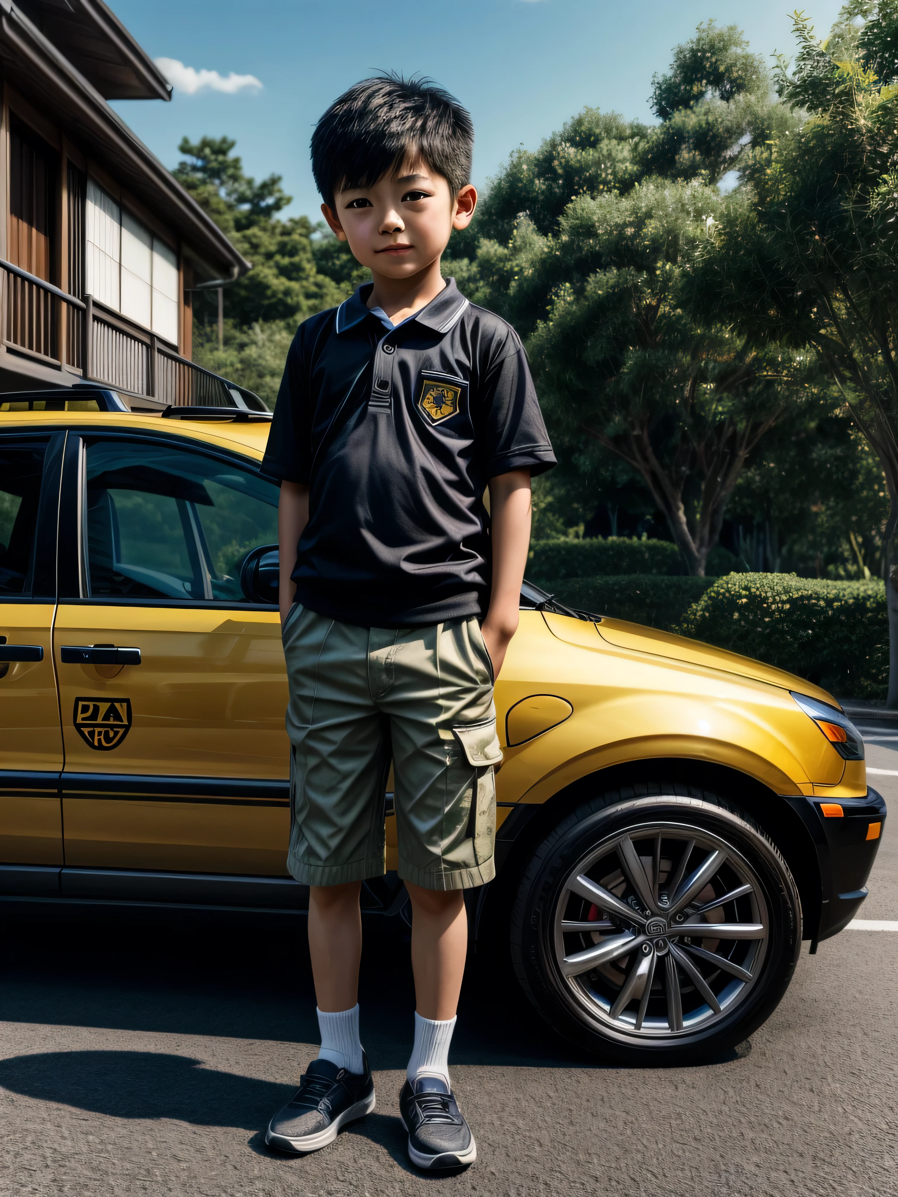 Ultra Realistic, masterpiece, high definition, highly detailed, 8K, a cute japanese boy , a 8  boy, highly detailed face, highly detailed body, wearing driver clothes, resembling a taxi driver, looking at the viewer , he's standing next to a car, full body view, proper car porch in the background,taxi cars, perfect background,