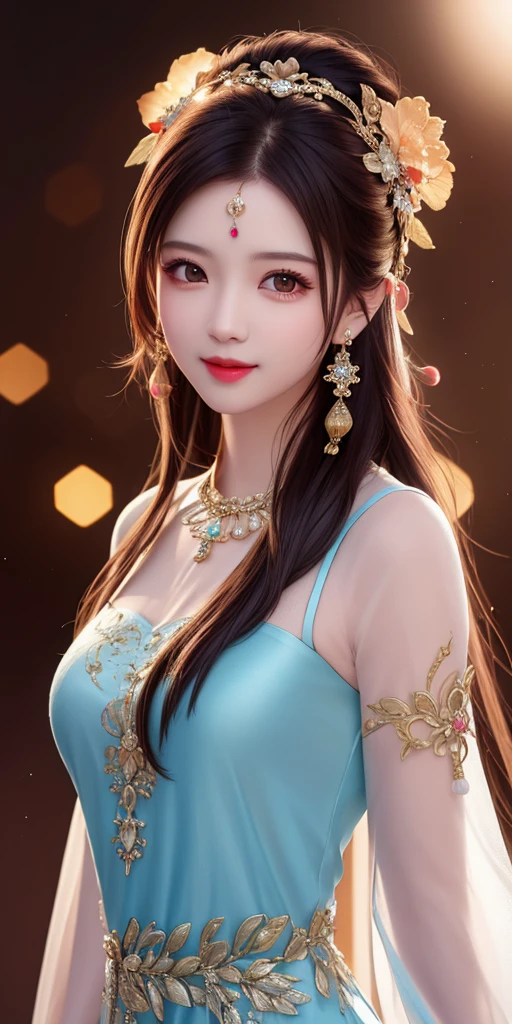 best quality, masterpiece, highres, 1girl, transparent silk china dress, beautiful face, hair ornament, looking at viewer, smile, closed mouth,lips, dress,hair ornament, necklace, jewelry, long hair, earrings, Beautiful face,upon_body, tyndall effect,photorealistic, dark studio, rim lighting, two tone lighting,(high detailed skin:1.2), 8k uhd, dslr, soft lighting, high quality, volumetric lighting, candid, Photograph, high resolution, 4k, 8k, Bokeh