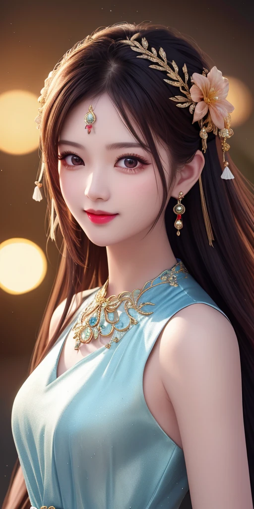 best quality, masterpiece, highres, 1girl, transparent silk china dress, beautiful face, hair ornament, looking at viewer, smile, closed mouth,lips, dress,hair ornament, necklace, jewelry, long hair, earrings, Beautiful face,upon_body, tyndall effect,photorealistic, dark studio, rim lighting, two tone lighting,(high detailed skin:1.2), 8k uhd, dslr, soft lighting, high quality, volumetric lighting, candid, Photograph, high resolution, 4k, 8k, Bokeh
