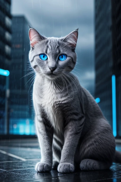 A futuristic, digital artwork: A majestic gray cat with blue eyes, rain-streaked, against a dark blue backdrop.