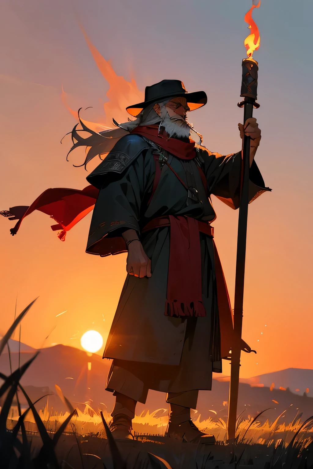 Old man, viking clothes, worn down clothes, unkempt hair, long beard. grass fields, hair covering side of face, black brimmed hat, sunset, red scarf, flaming torch, holding up torch, standing, flaming staff, Cappello romano, sunset
